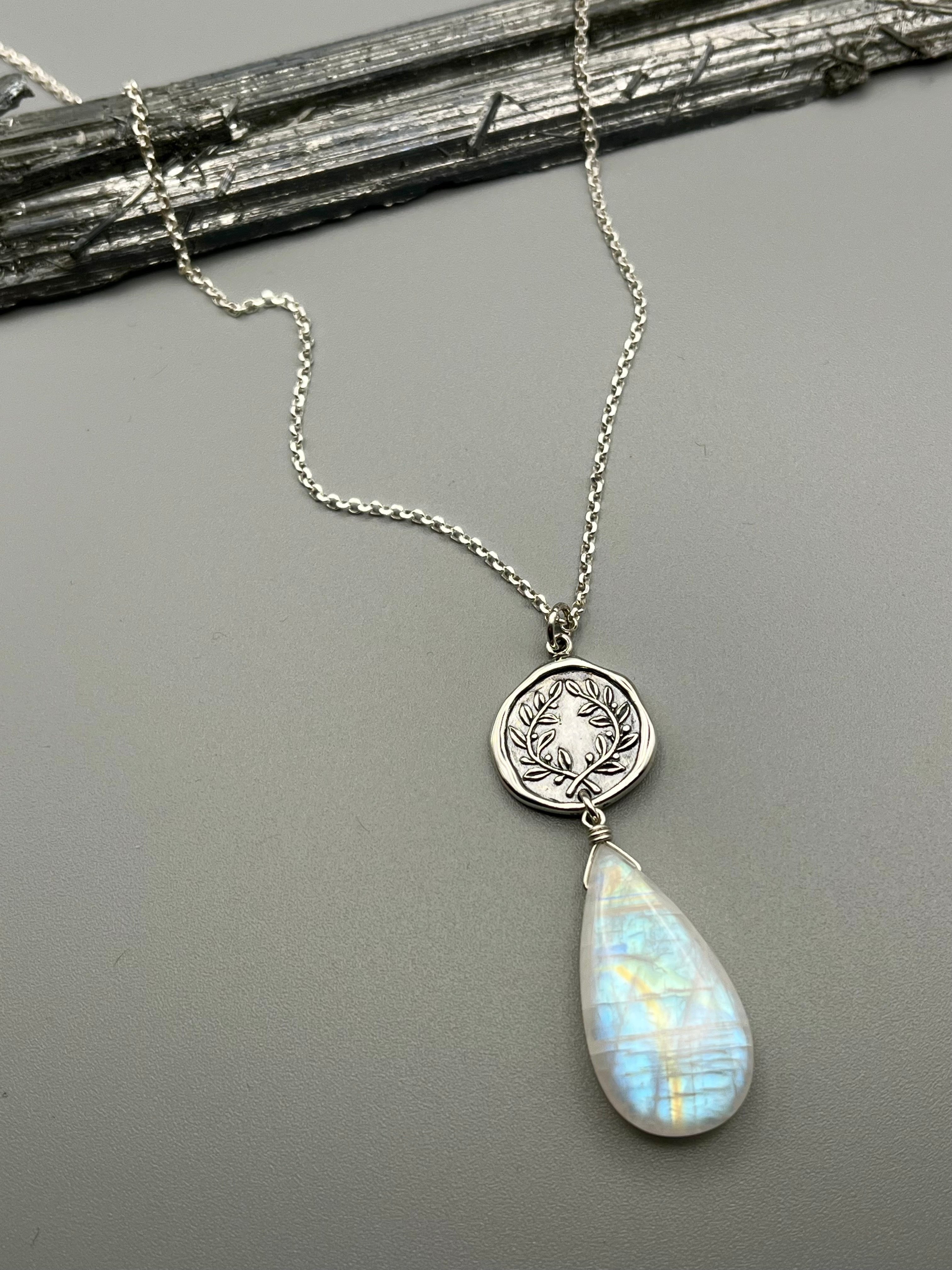 •ALCHEMY• rainbow moonstone + laurel coin sterling silver necklace (28"-30" long)