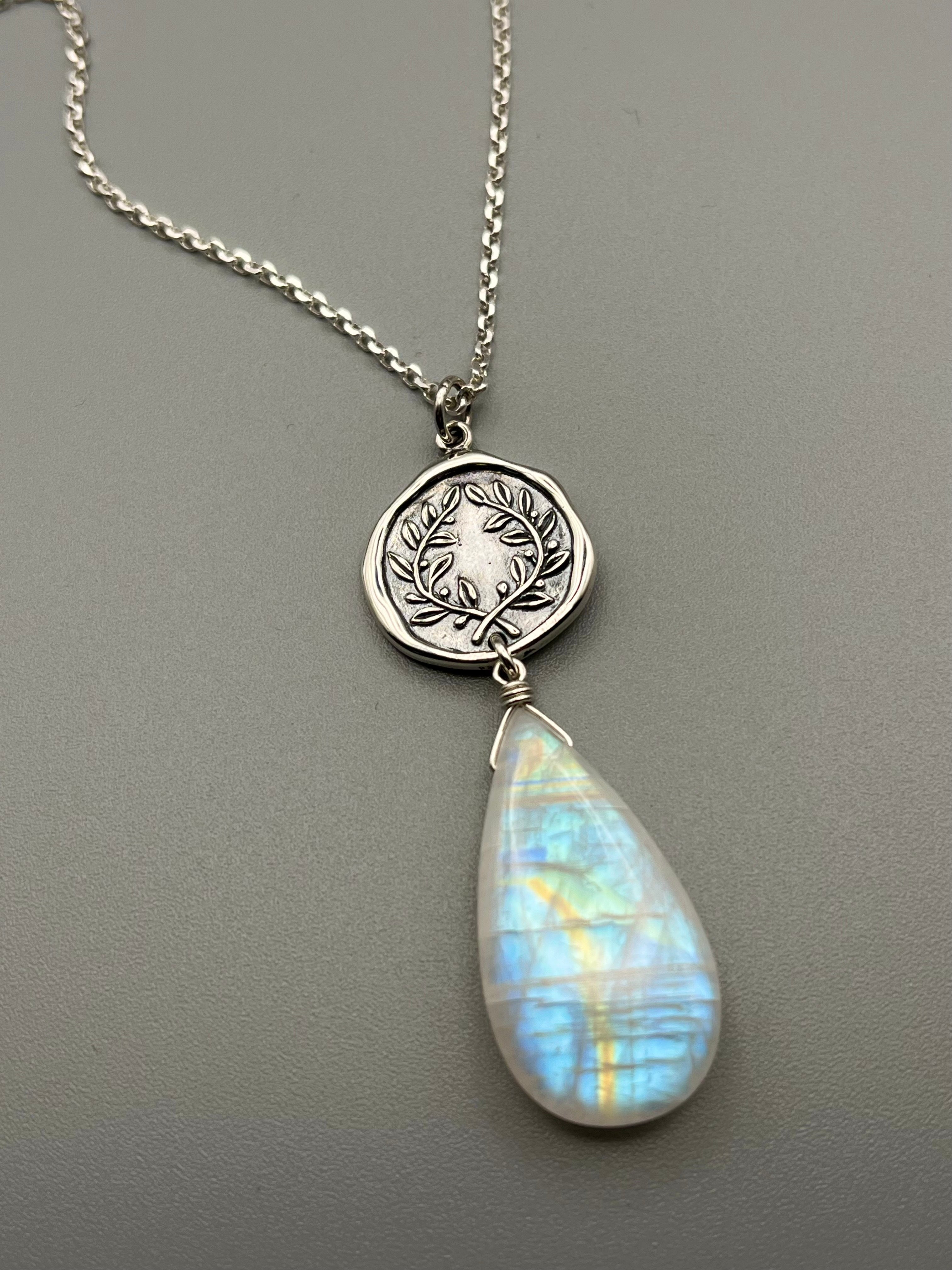 •ALCHEMY• rainbow moonstone + laurel coin sterling silver necklace (28"-30" long)