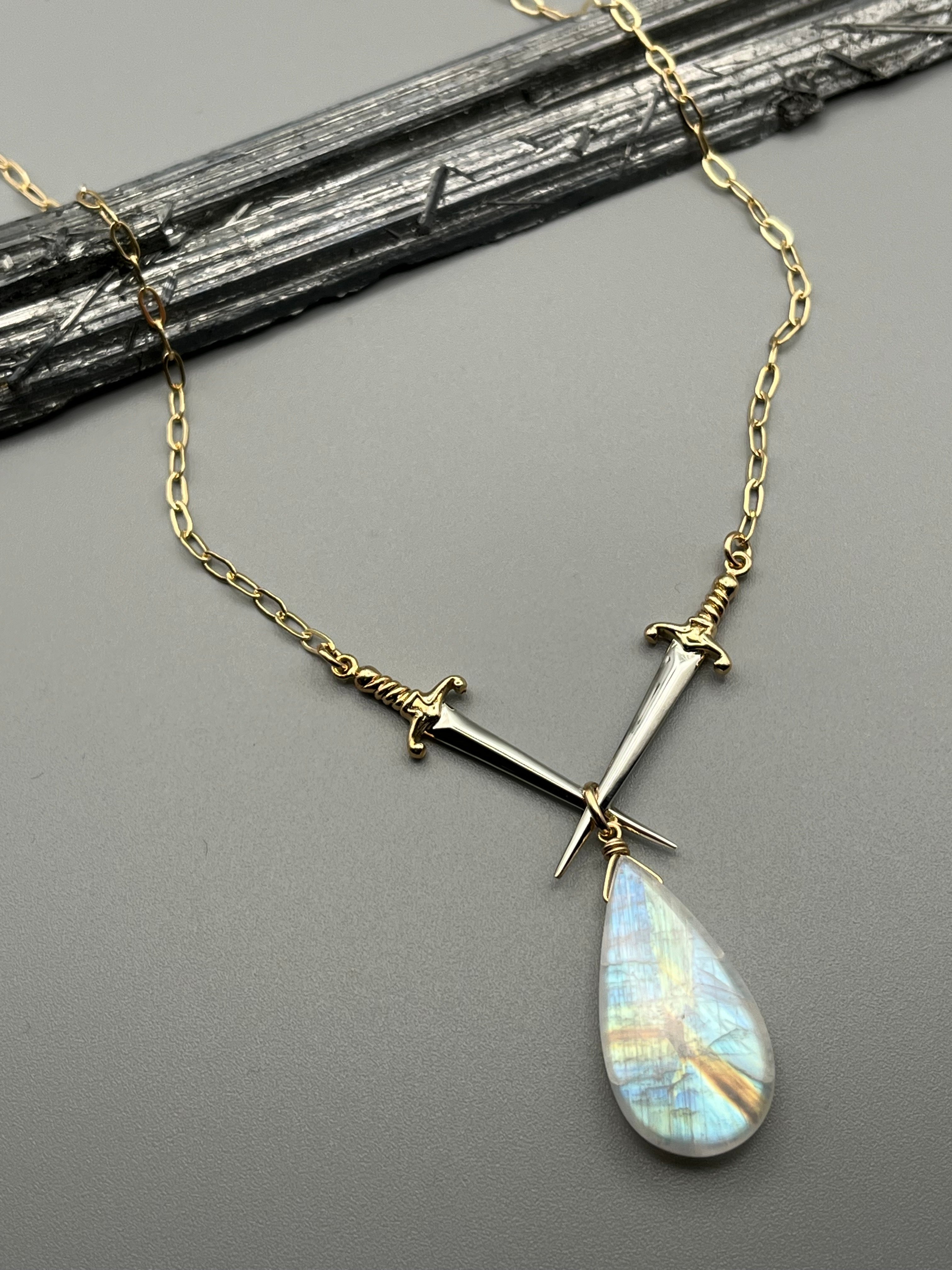 •VALOR• rainbow moonstone + mixed metal dagger necklace (16"-18" long)