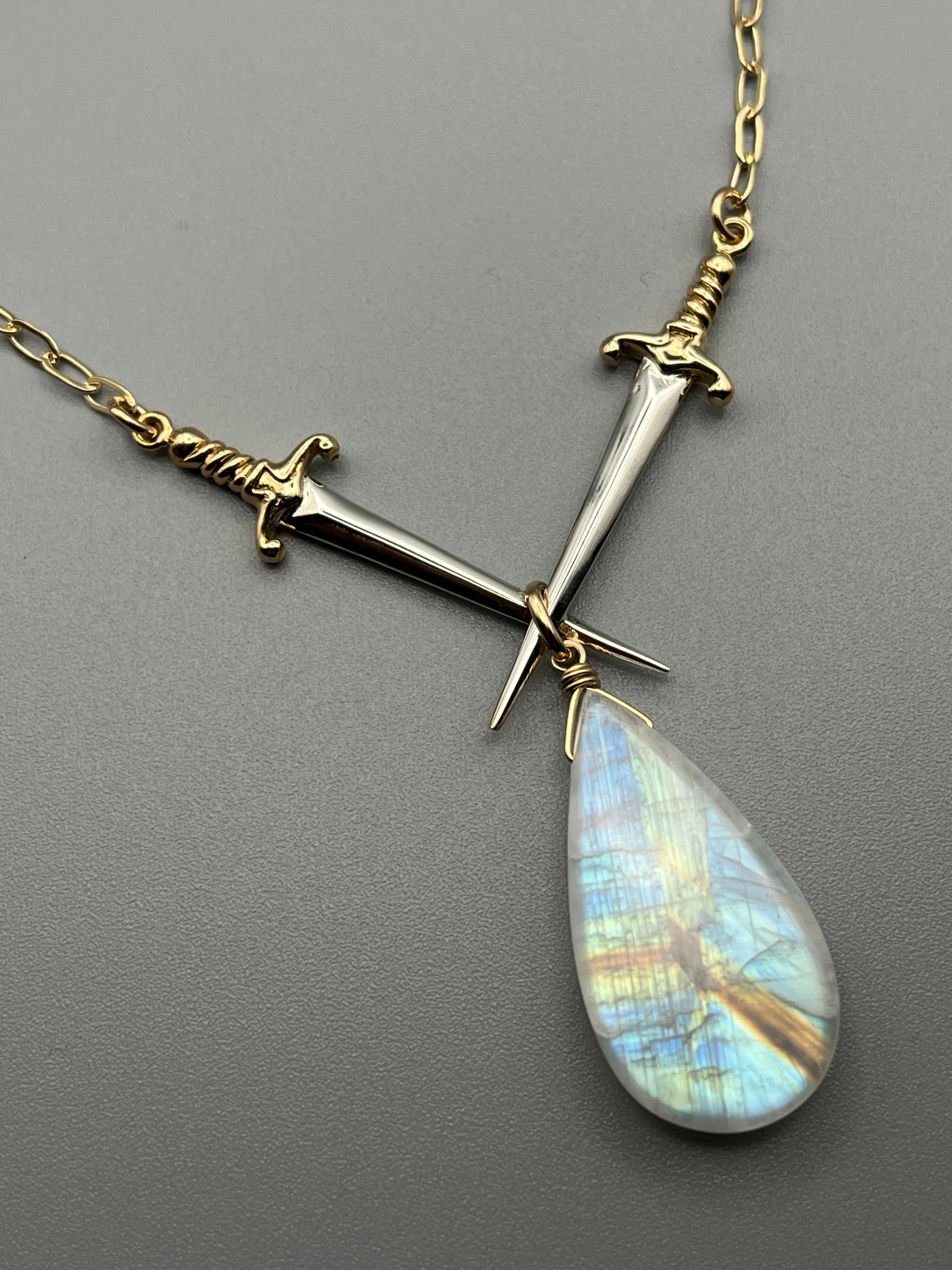 •VALOR• rainbow moonstone + mixed metal dagger necklace (16"-18" long)