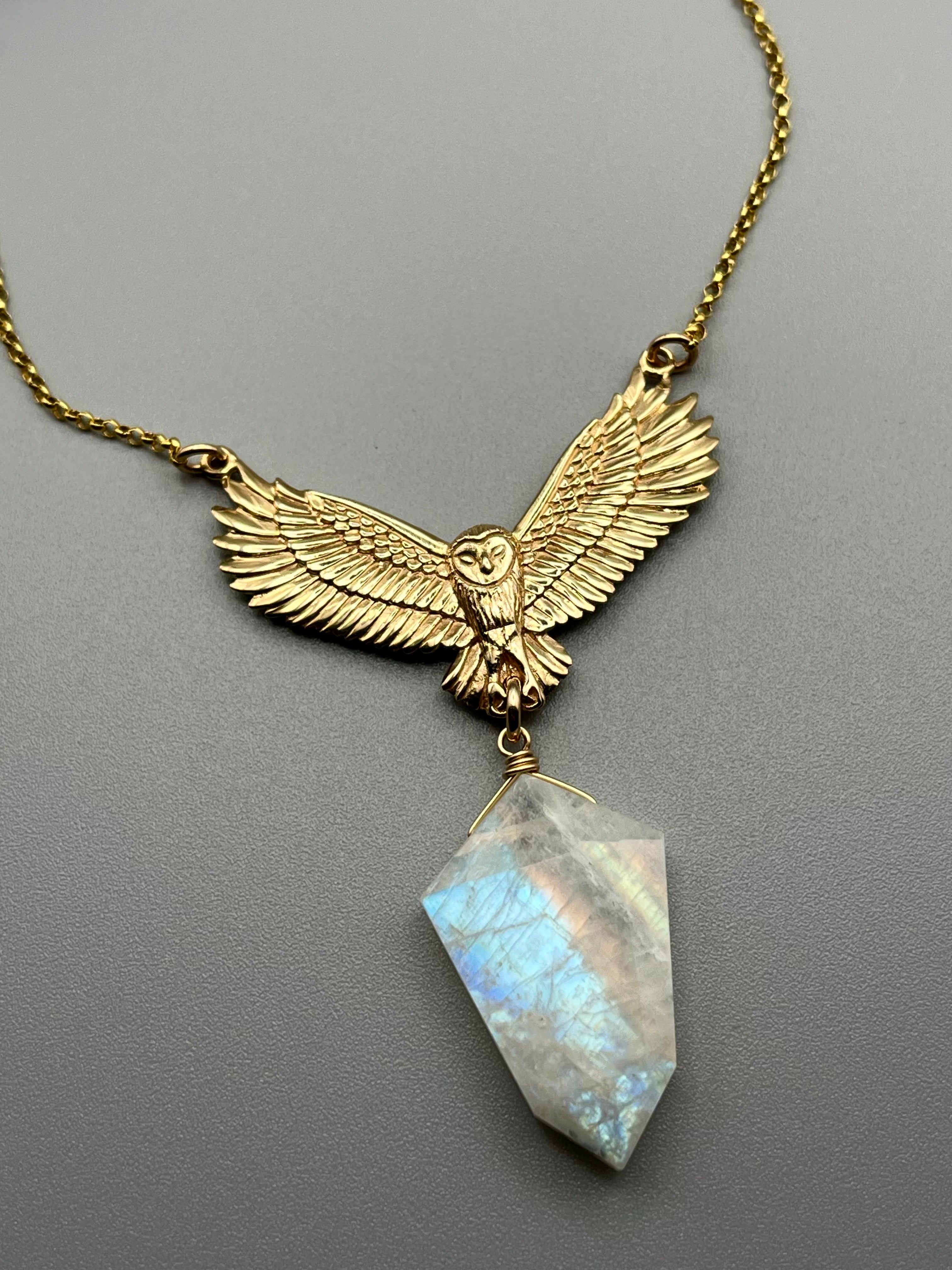 •SUEÑO• rainbow moonstone + mixed metal owl necklace (18"-20" long)