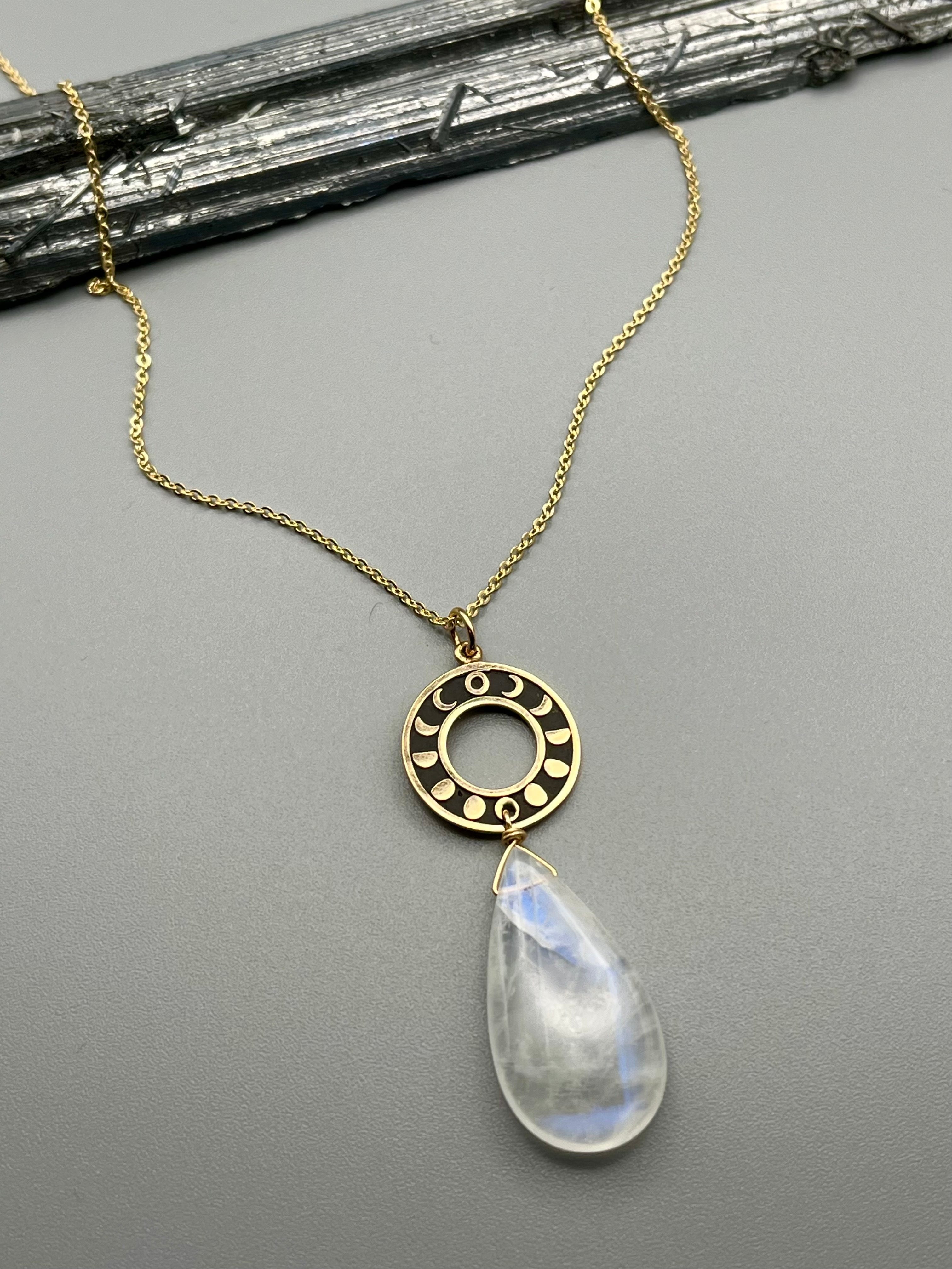 •NYX• rainbow moonstone + mixed metal moonphase necklace (18"-20" long)