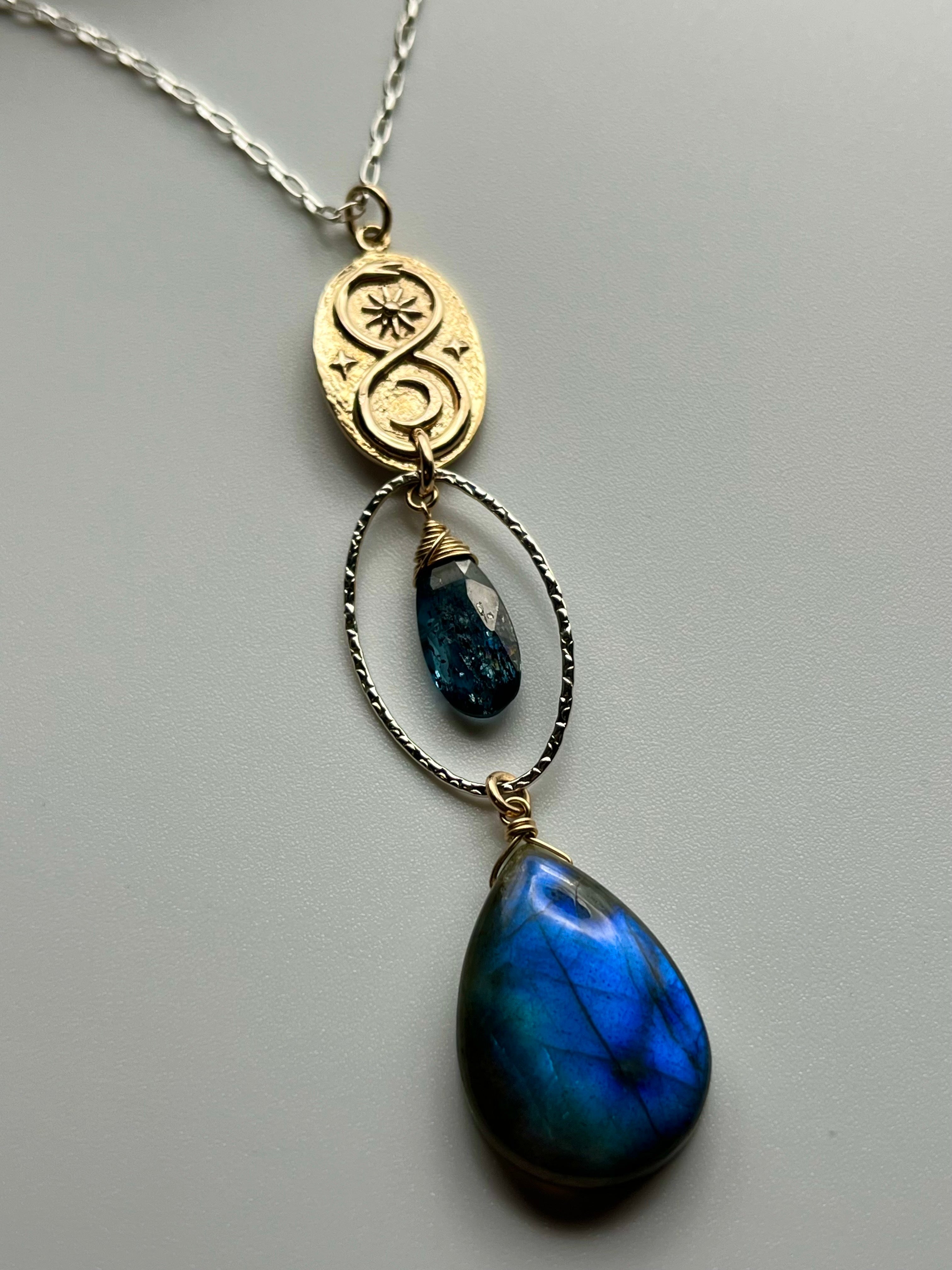 •SUEÑO• labradorite + kyanite + mixed metal necklace (28"-30" long)