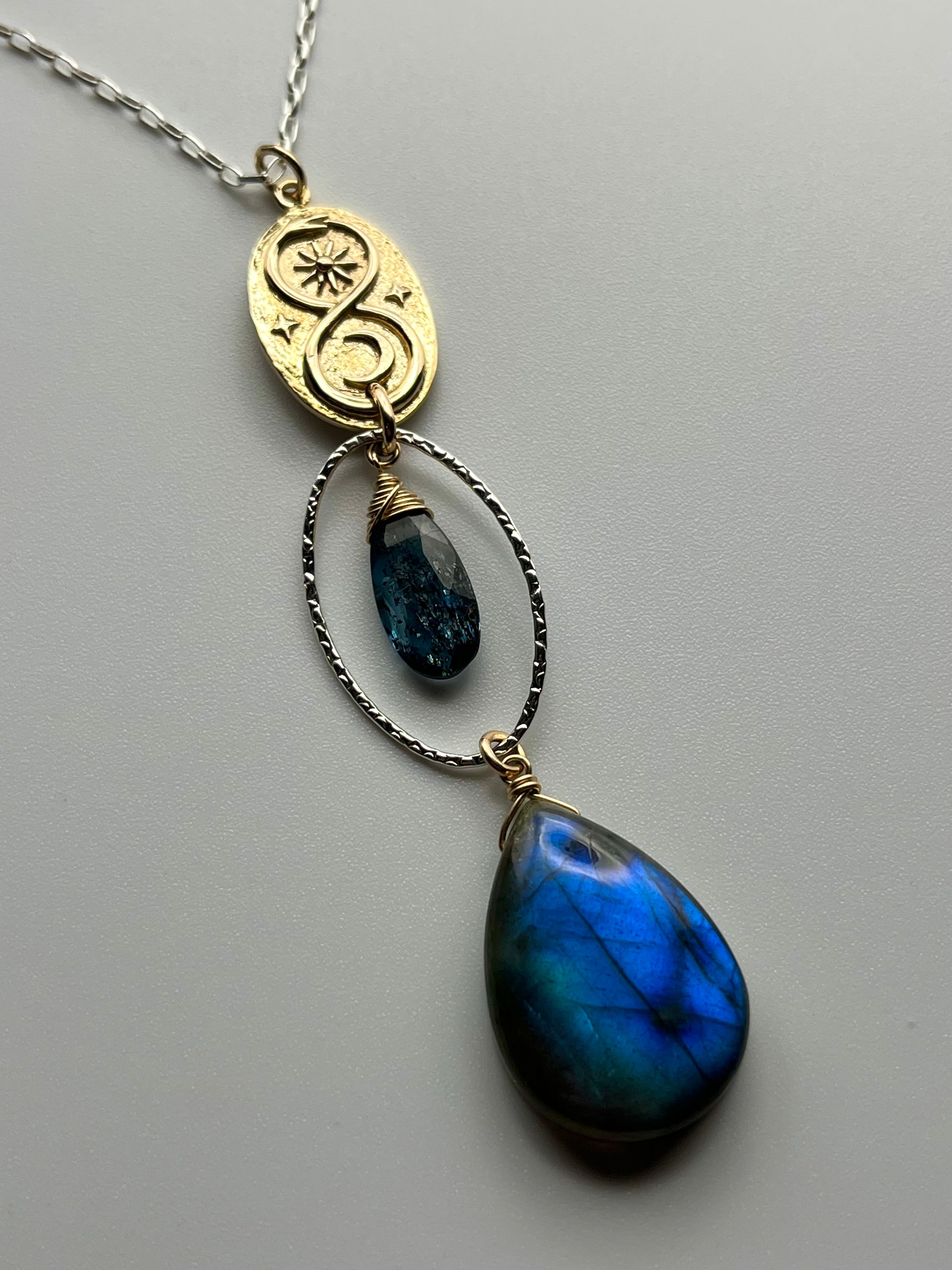 •SUEÑO• labradorite + kyanite + mixed metal necklace (28"-30" long)