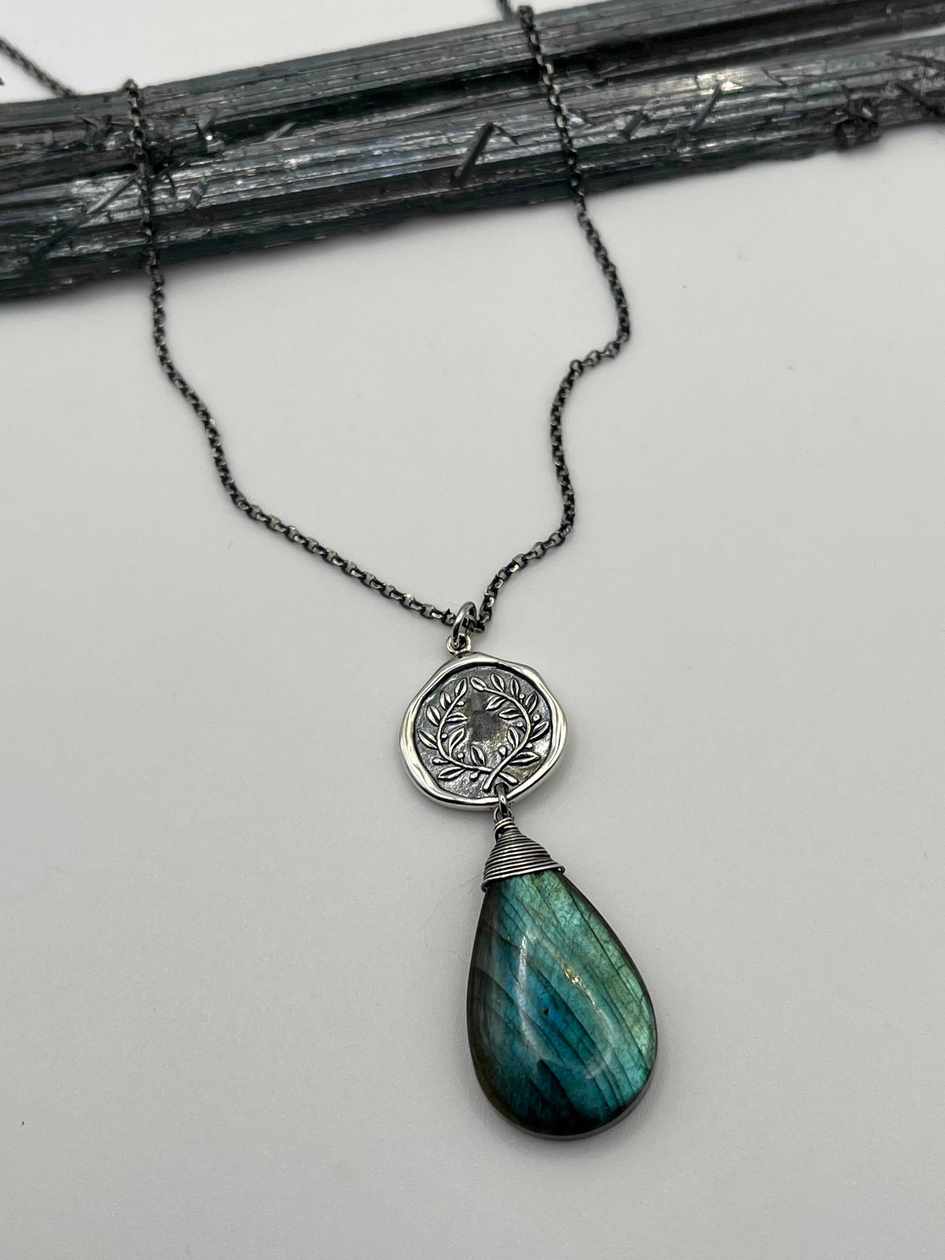 •ALCHEMY• labradorite + silver laurel coin necklace (28"-30" long)