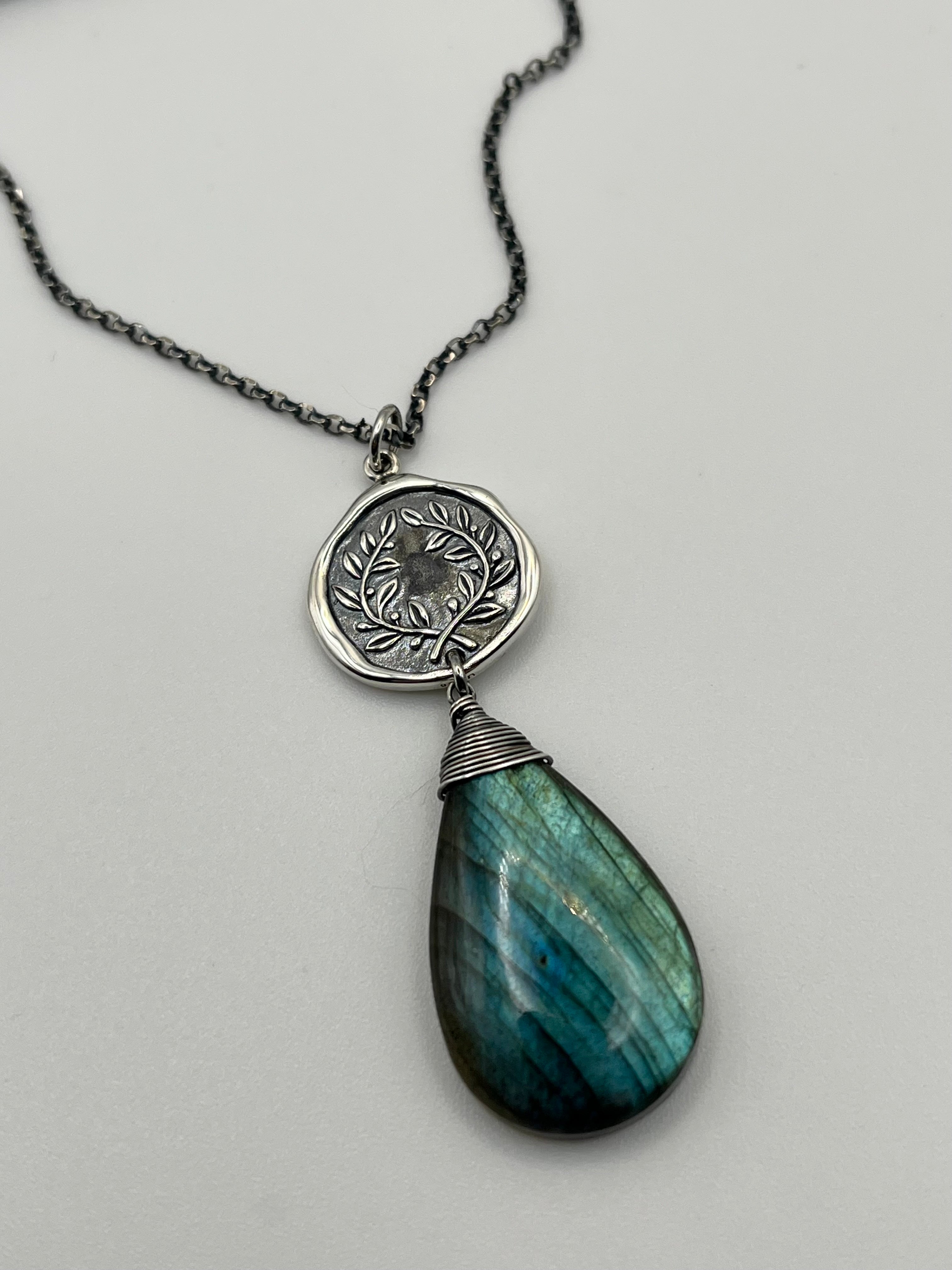 •ALCHEMY• labradorite + silver laurel coin necklace (28"-30" long)