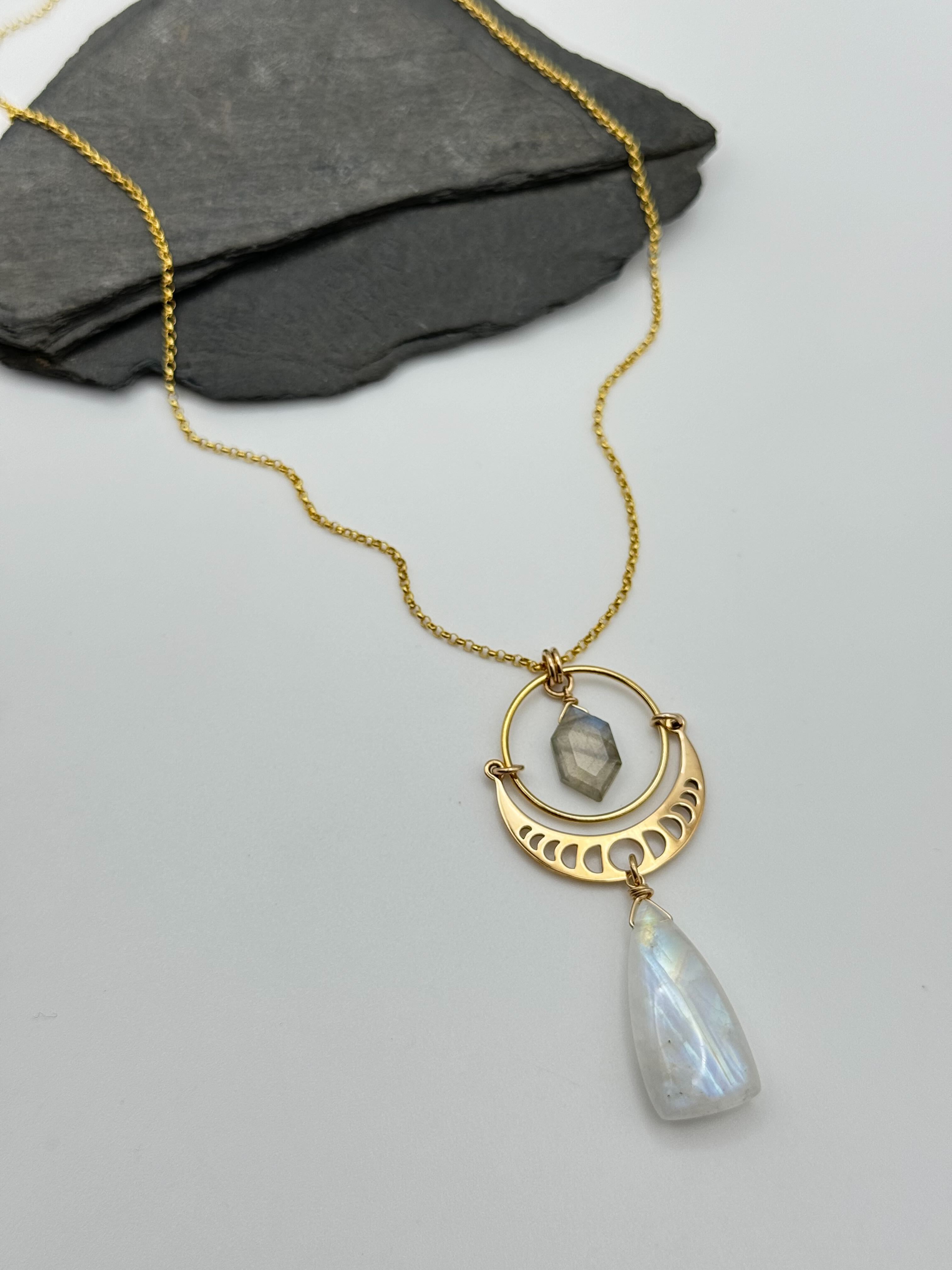 •NYX• rainbow moonstone + labradorite + gold necklace (20"-22")