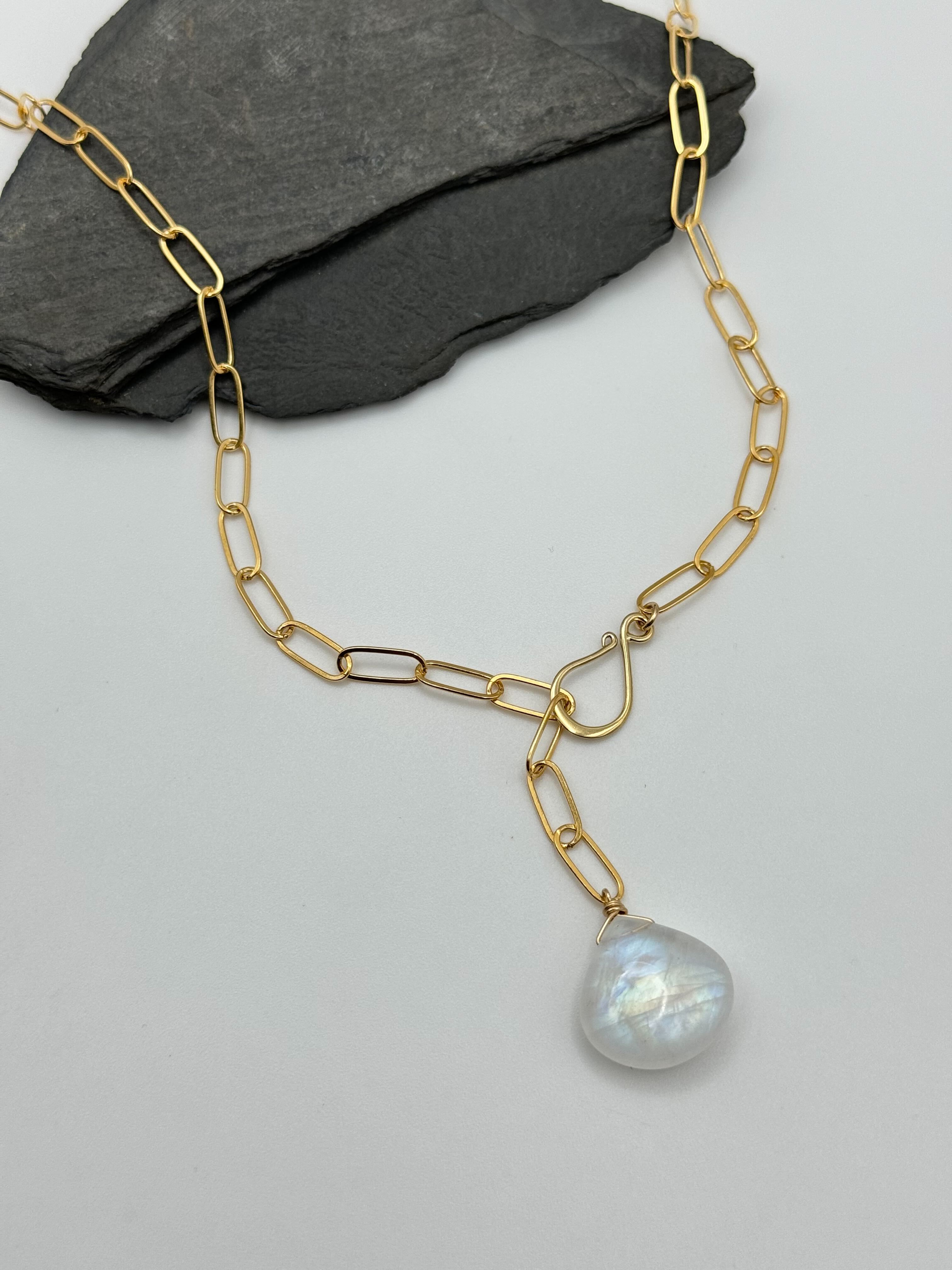 •LINKED• rainbow moonstone teardrop + gold necklace (ADJ to 20")