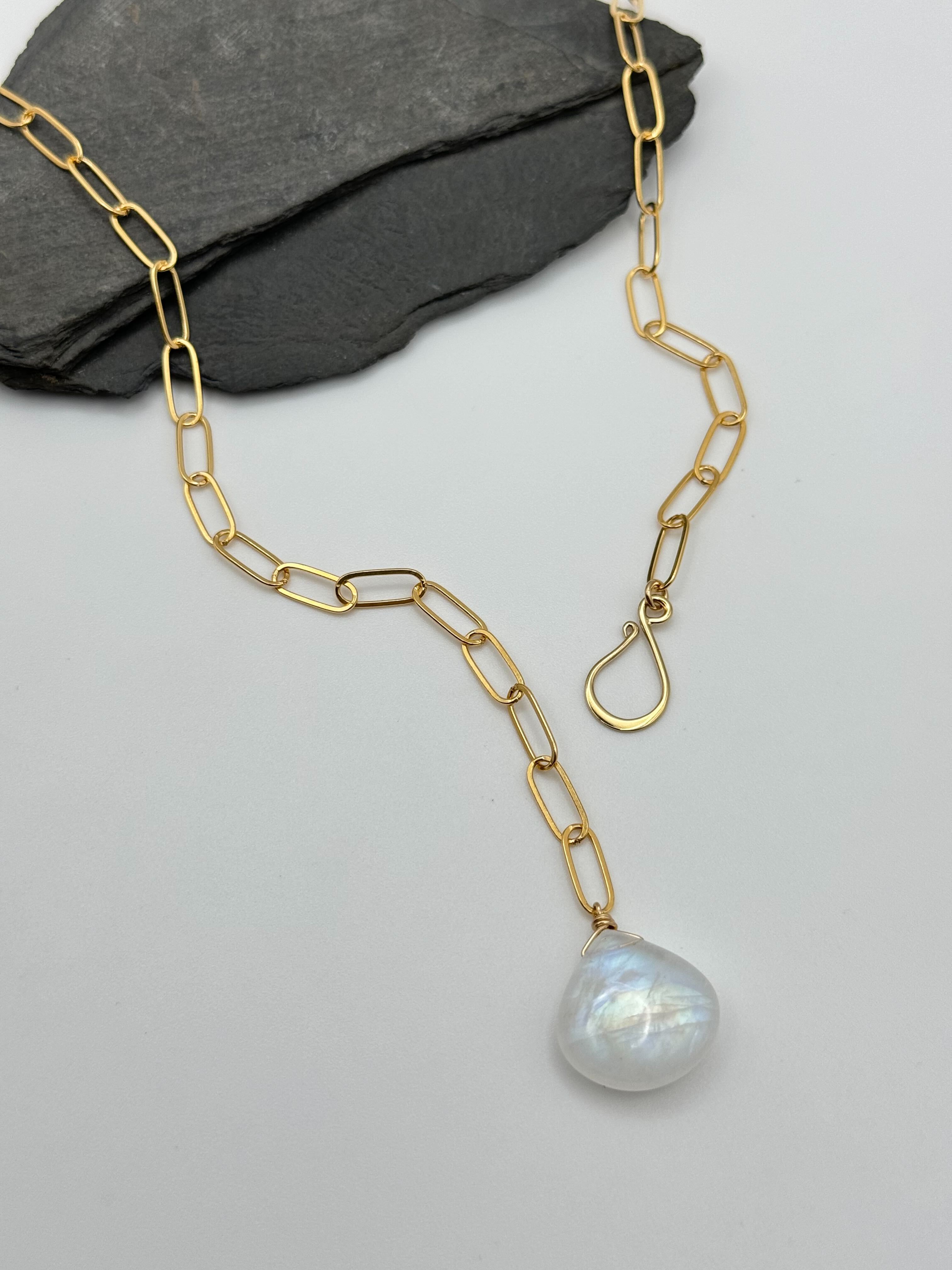 •LINKED• rainbow moonstone teardrop + gold necklace (ADJ to 20")