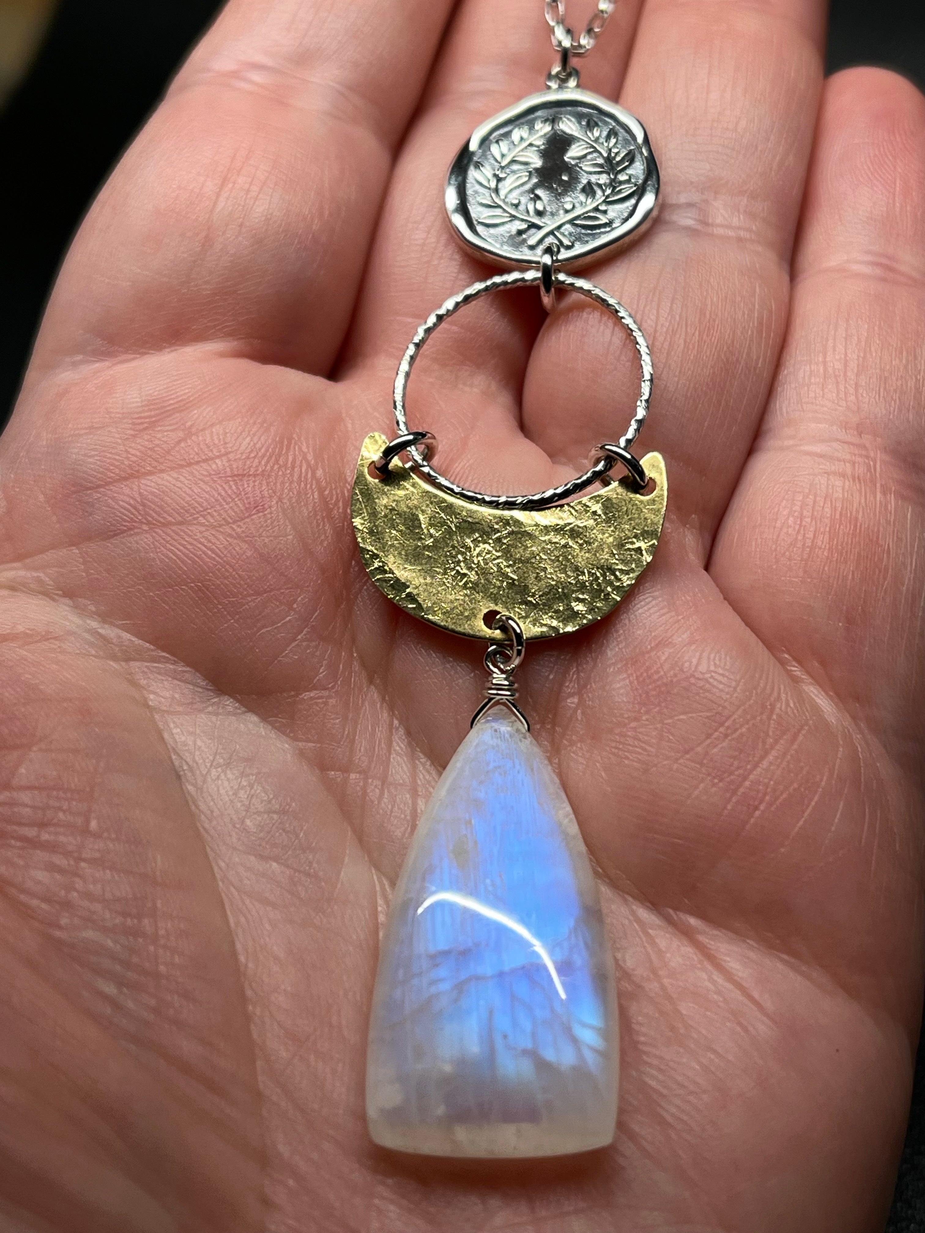 •TEND• rainbow moonstone + laurel coin + mixed metal necklace (26"-28")