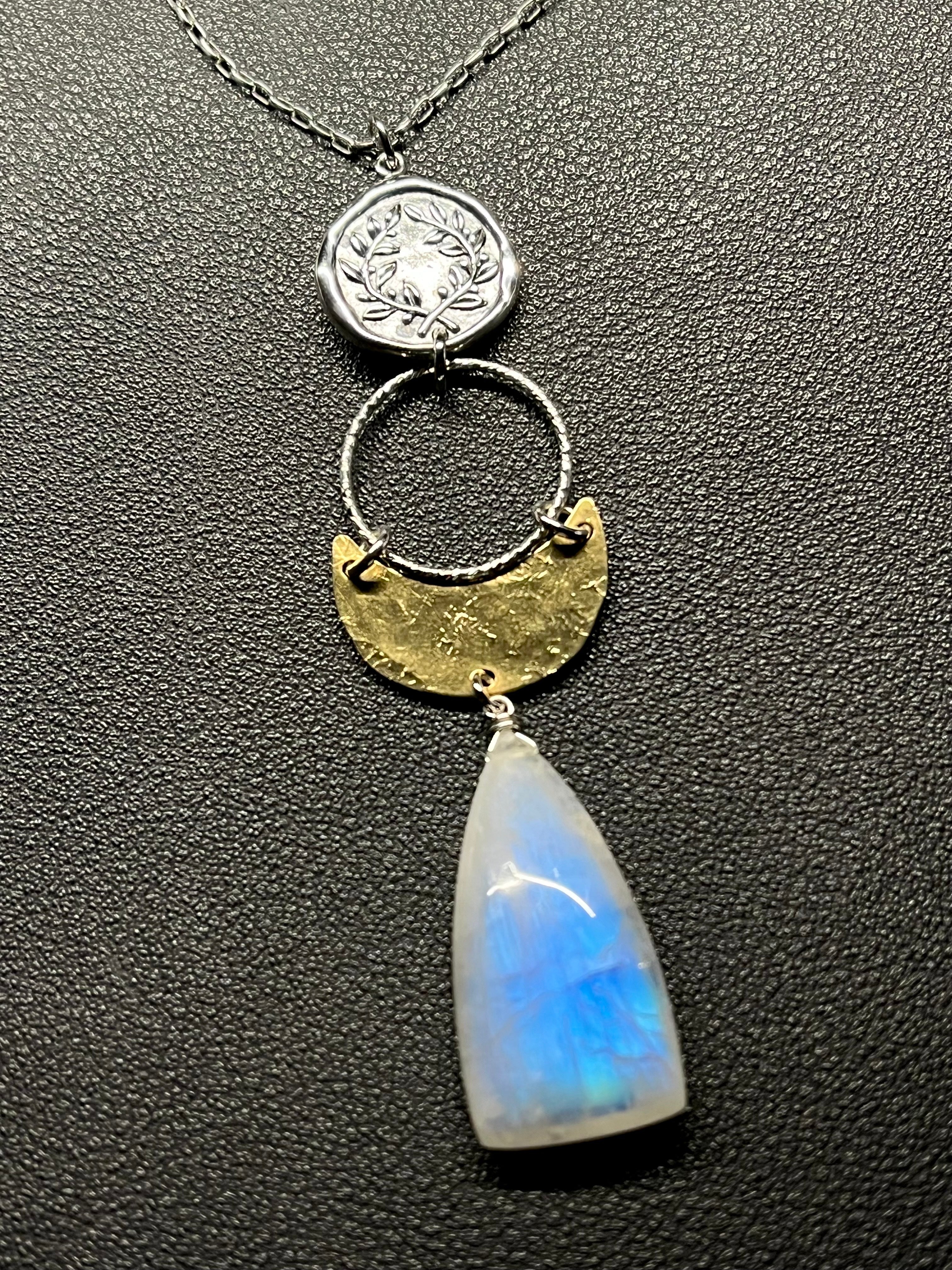 •TEND• rainbow moonstone + laurel coin + mixed metal necklace (26"-28")