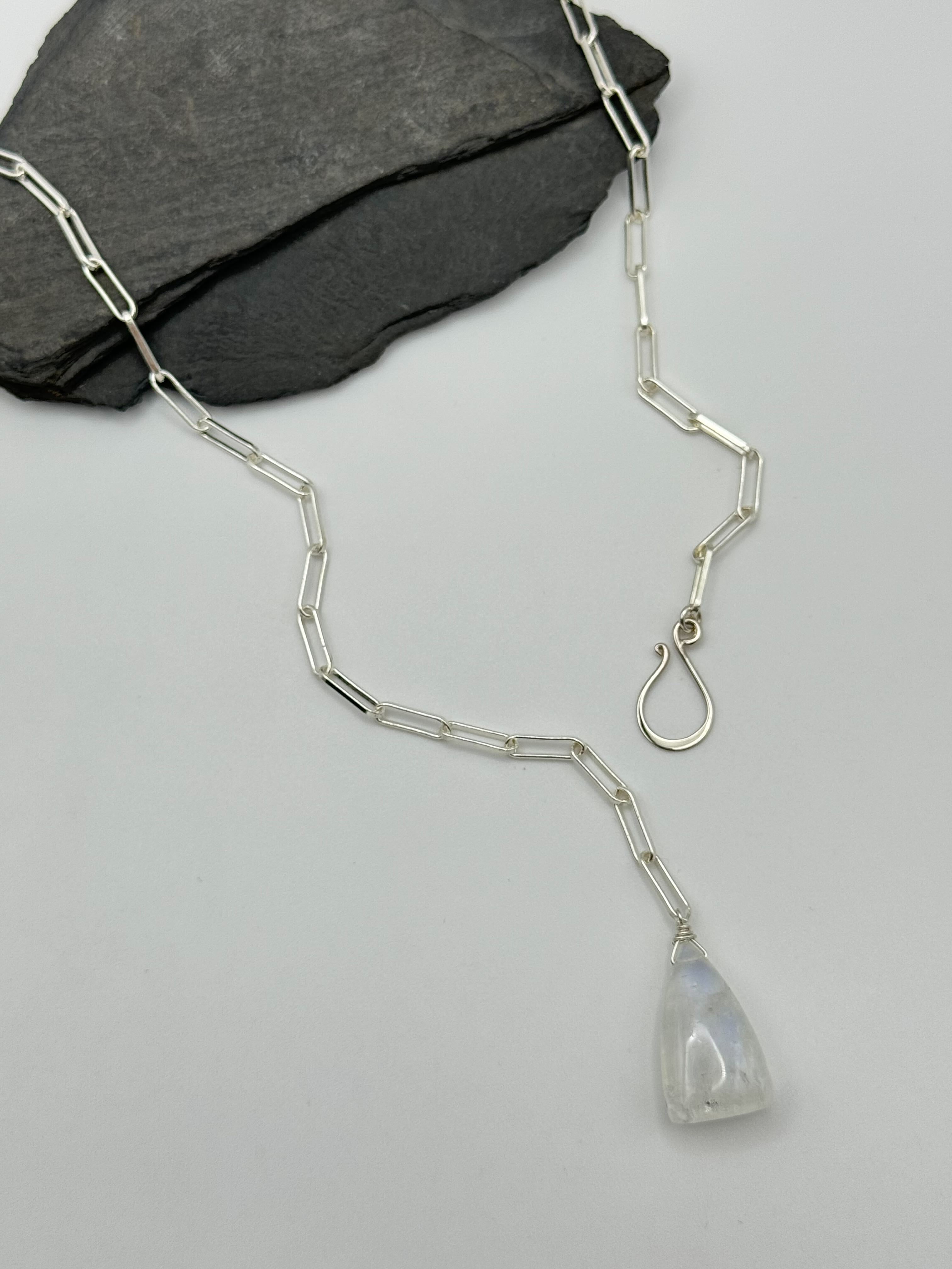 •LINKED• rainbow moonstone triangle + silver necklace (ADJ to 20")