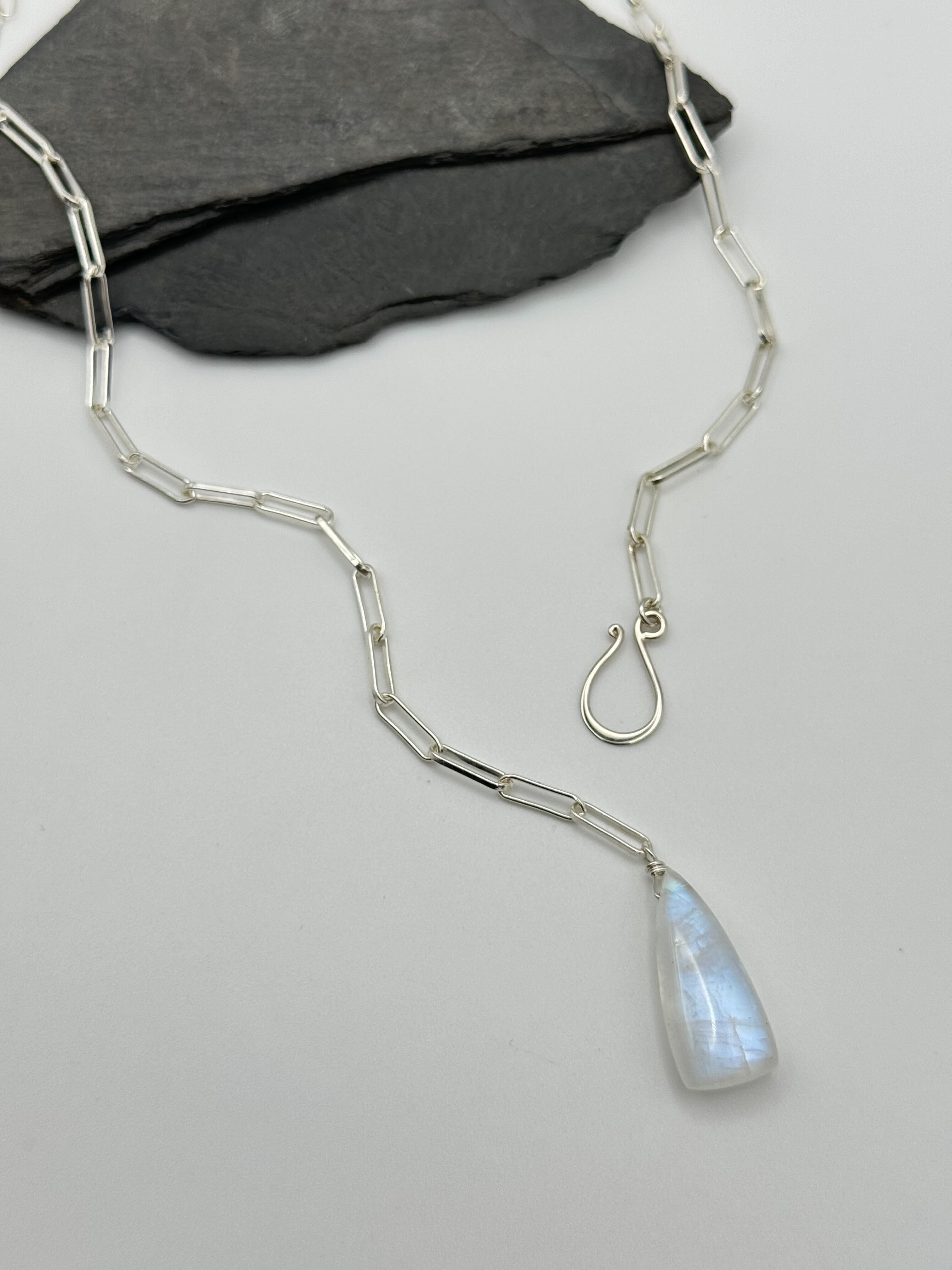 •LINKED• rainbow moonstone elongated triangle + silver necklace (ADJ to 20")