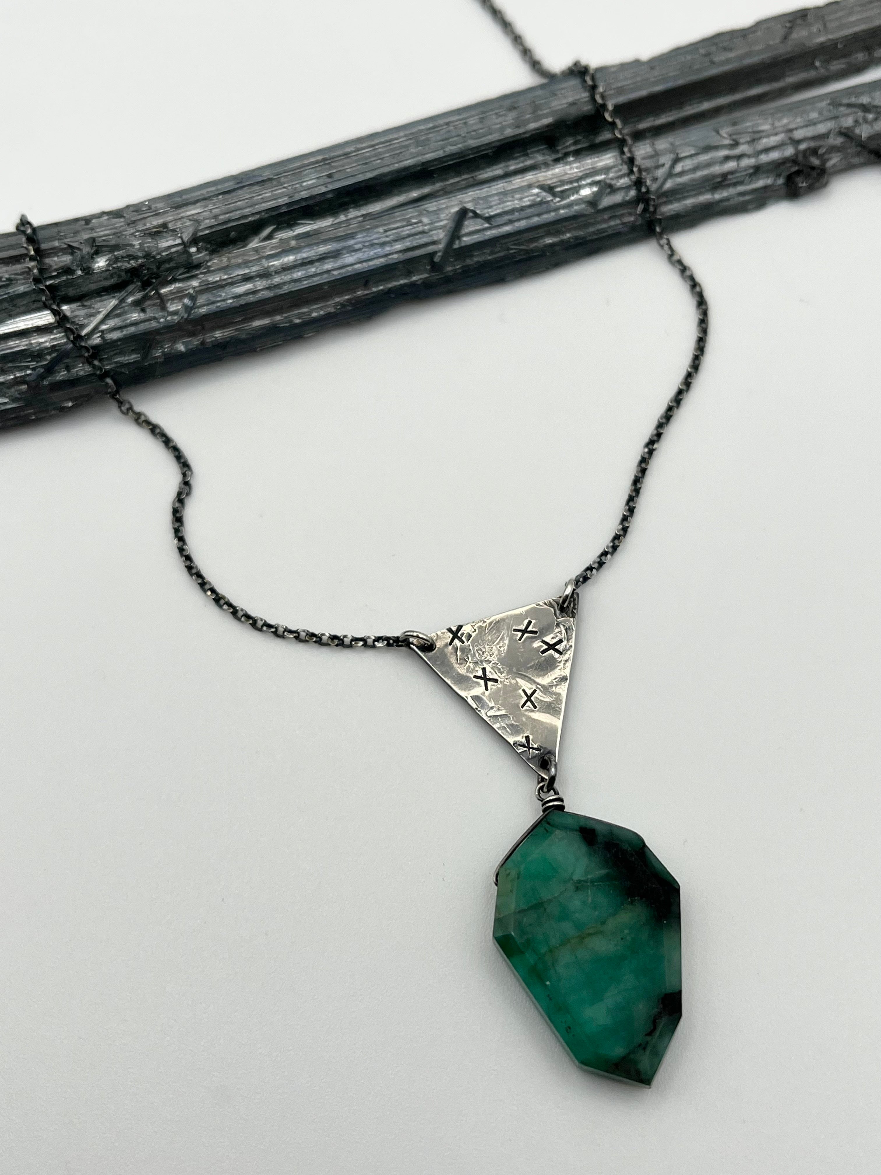 •INVOKE• emerald + silver necklace (16"-18" long)