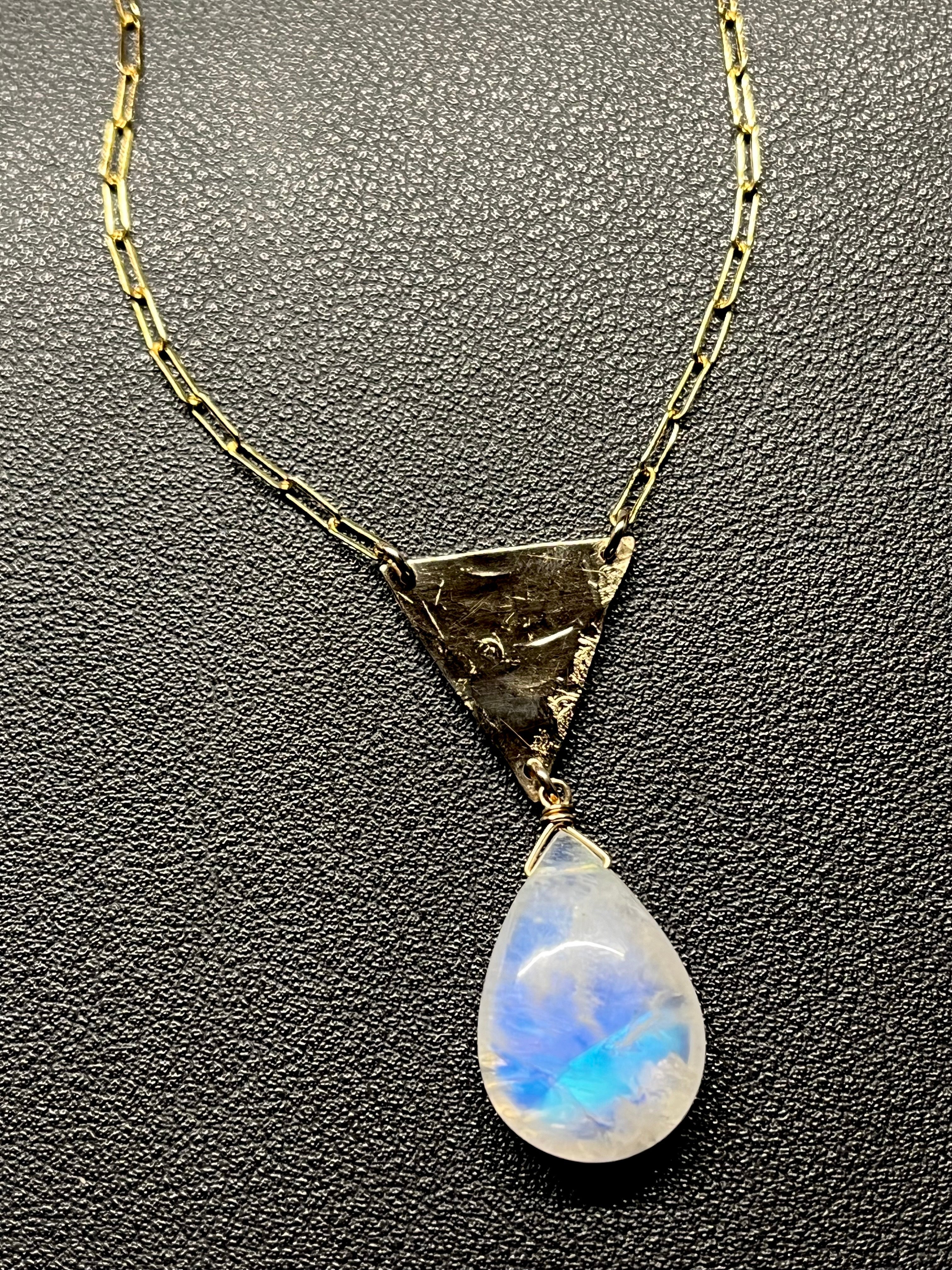 •ASET• rainbow moonstone + pyramid + gold necklace (18"-20")