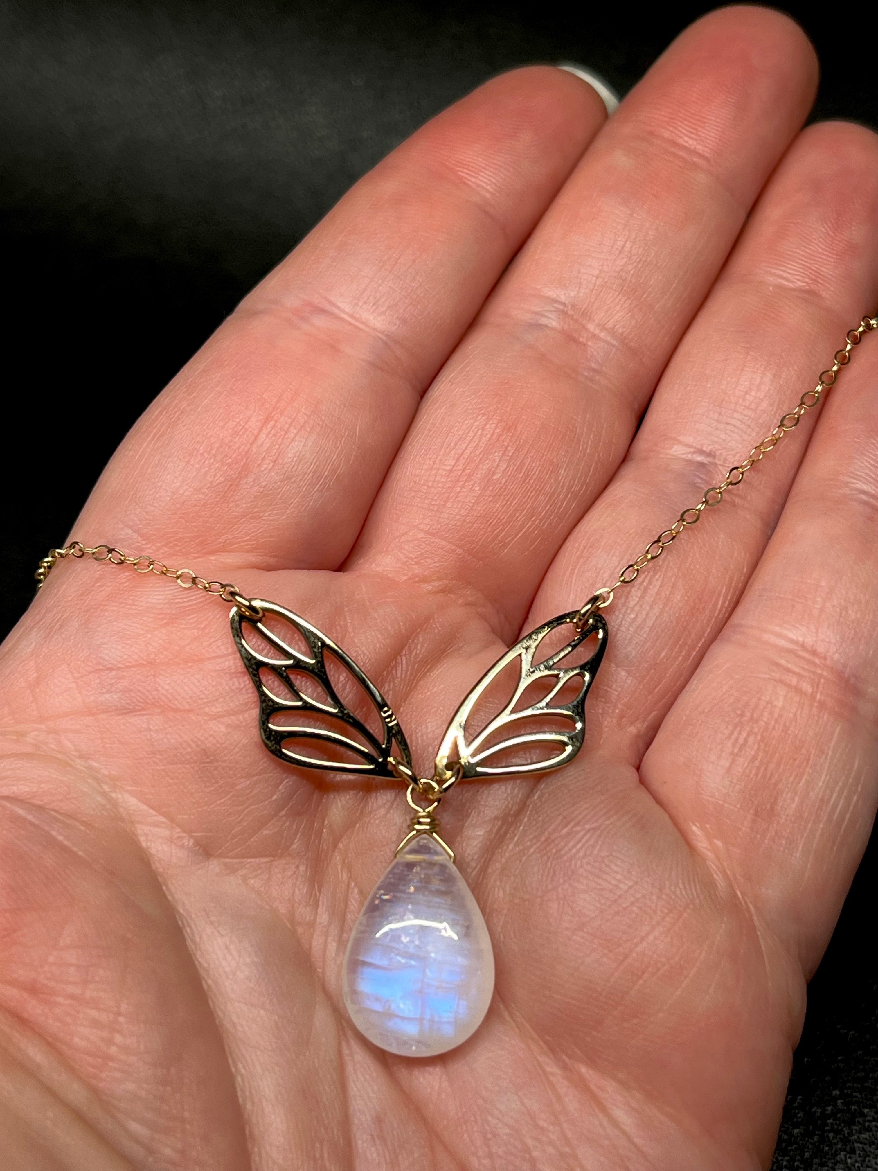 •GUIDE• rainbow moonstone + wings + gold necklace (16"-18")