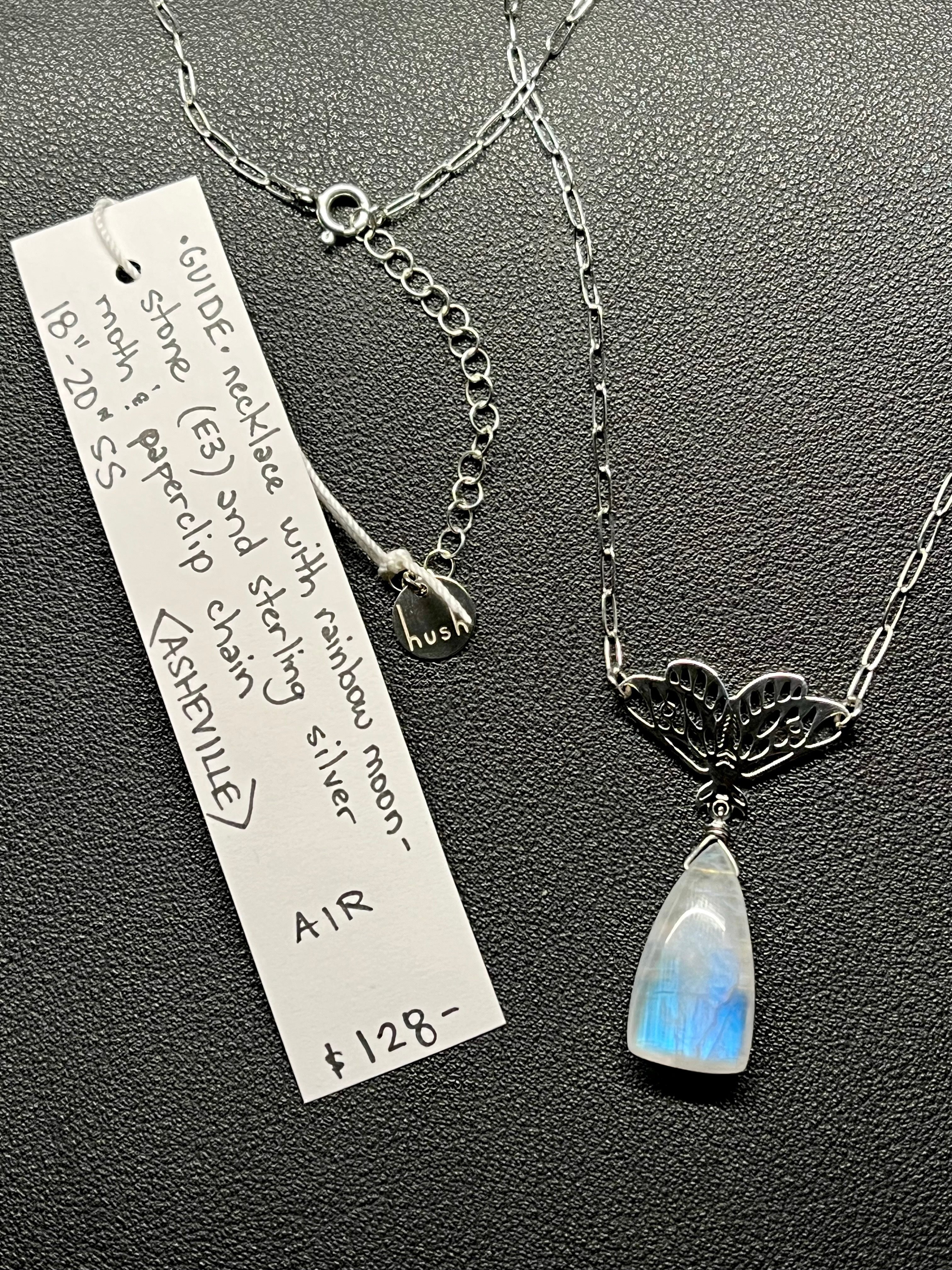 •GUIDE• rainbow moonstone + moth + silver necklace (18"-20")