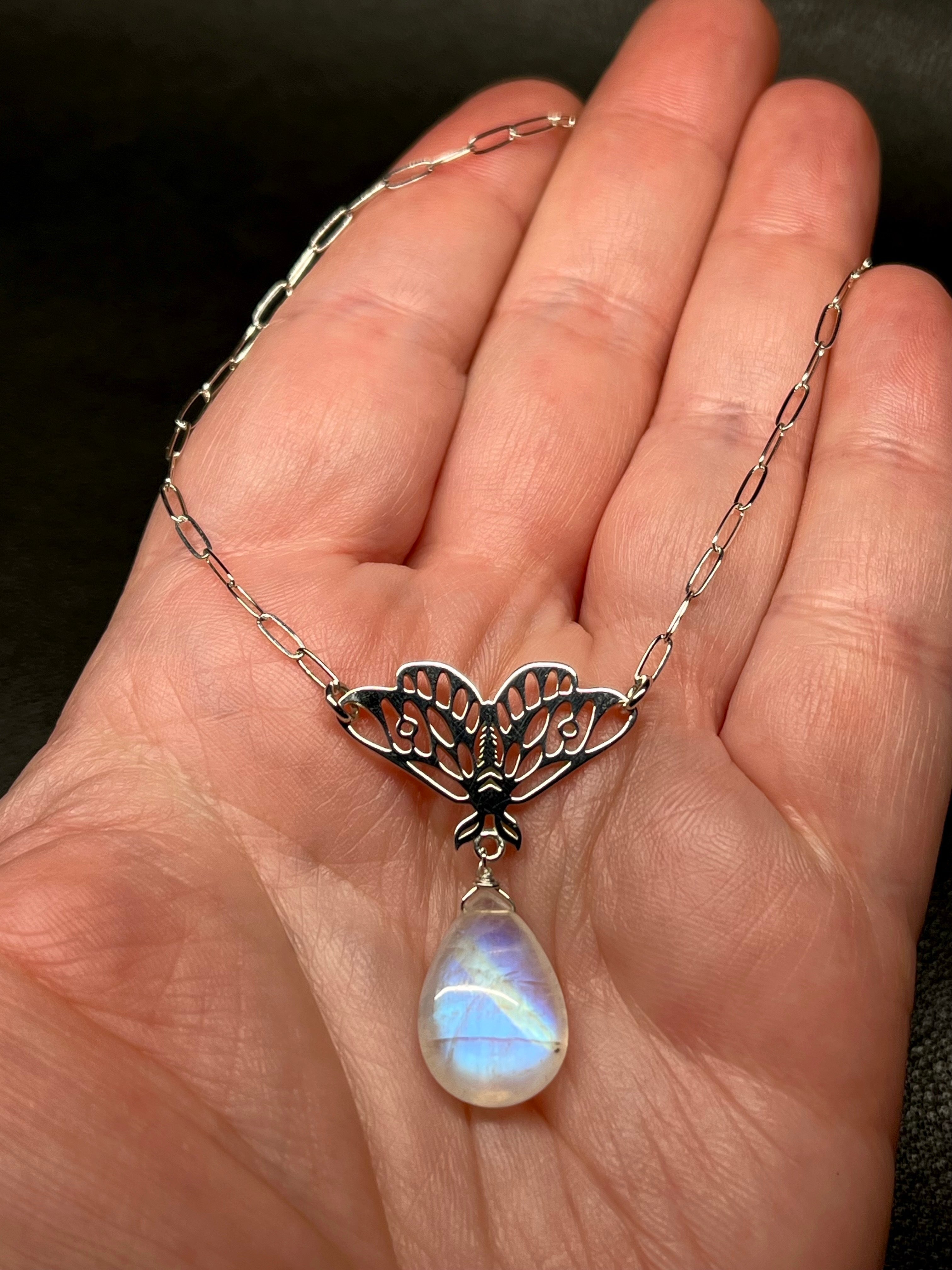 •GUIDE• rainbow moonstone + moth + silver necklace (16"-18")