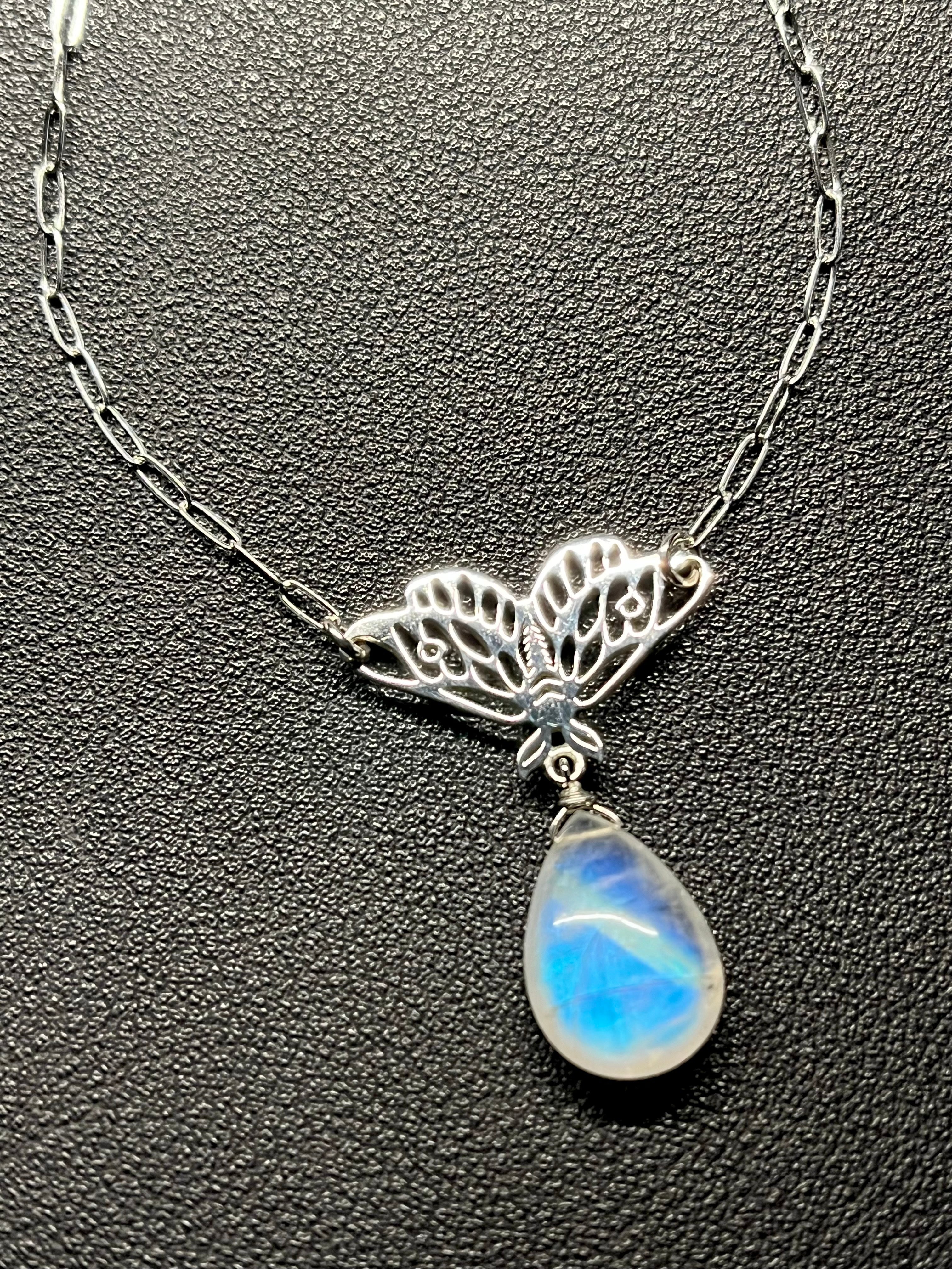 •GUIDE• rainbow moonstone + moth + silver necklace (16"-18")