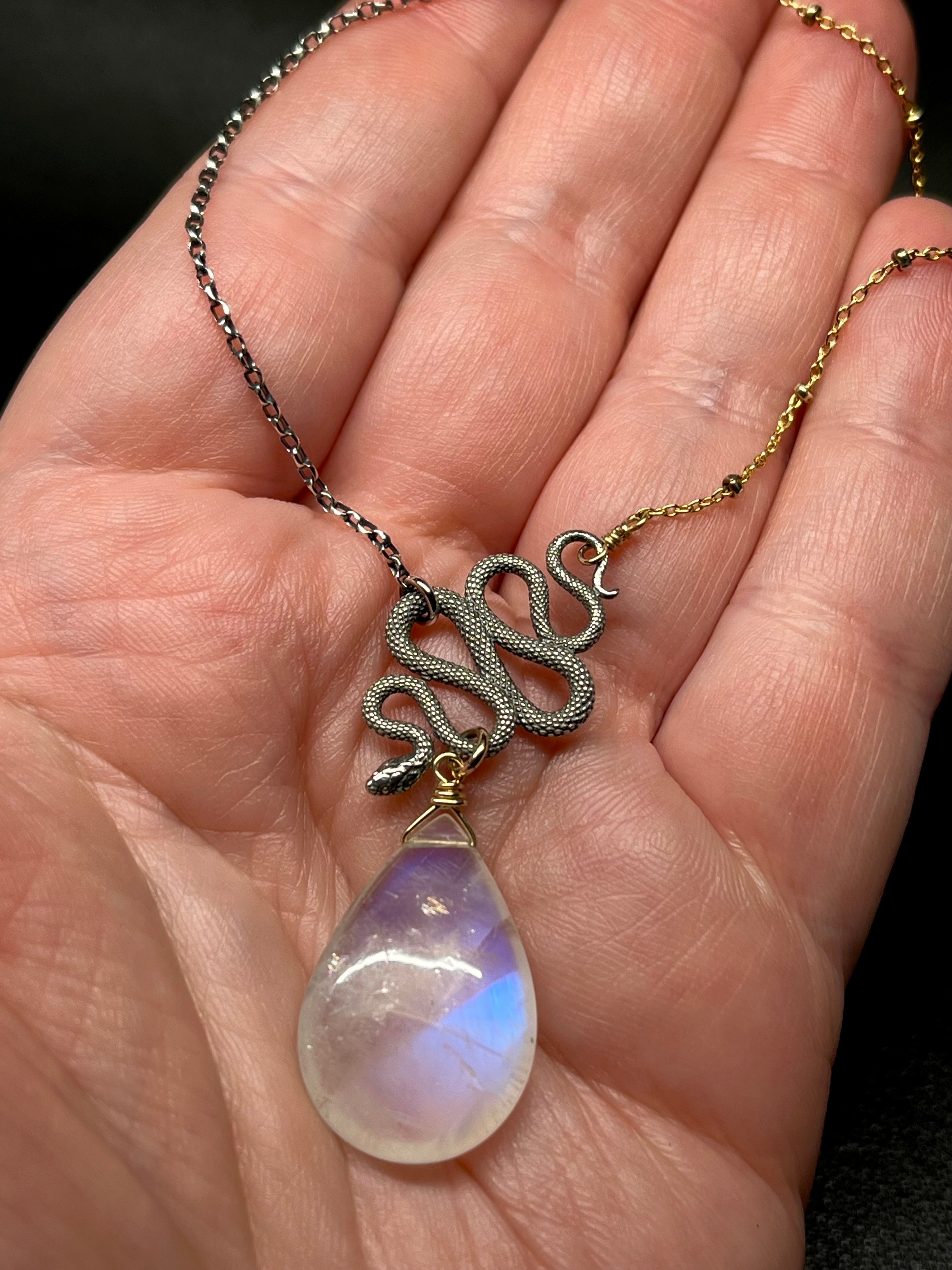 •SUEÑO• rainbow moonstone + snake + mixed metal necklace (18"-20")