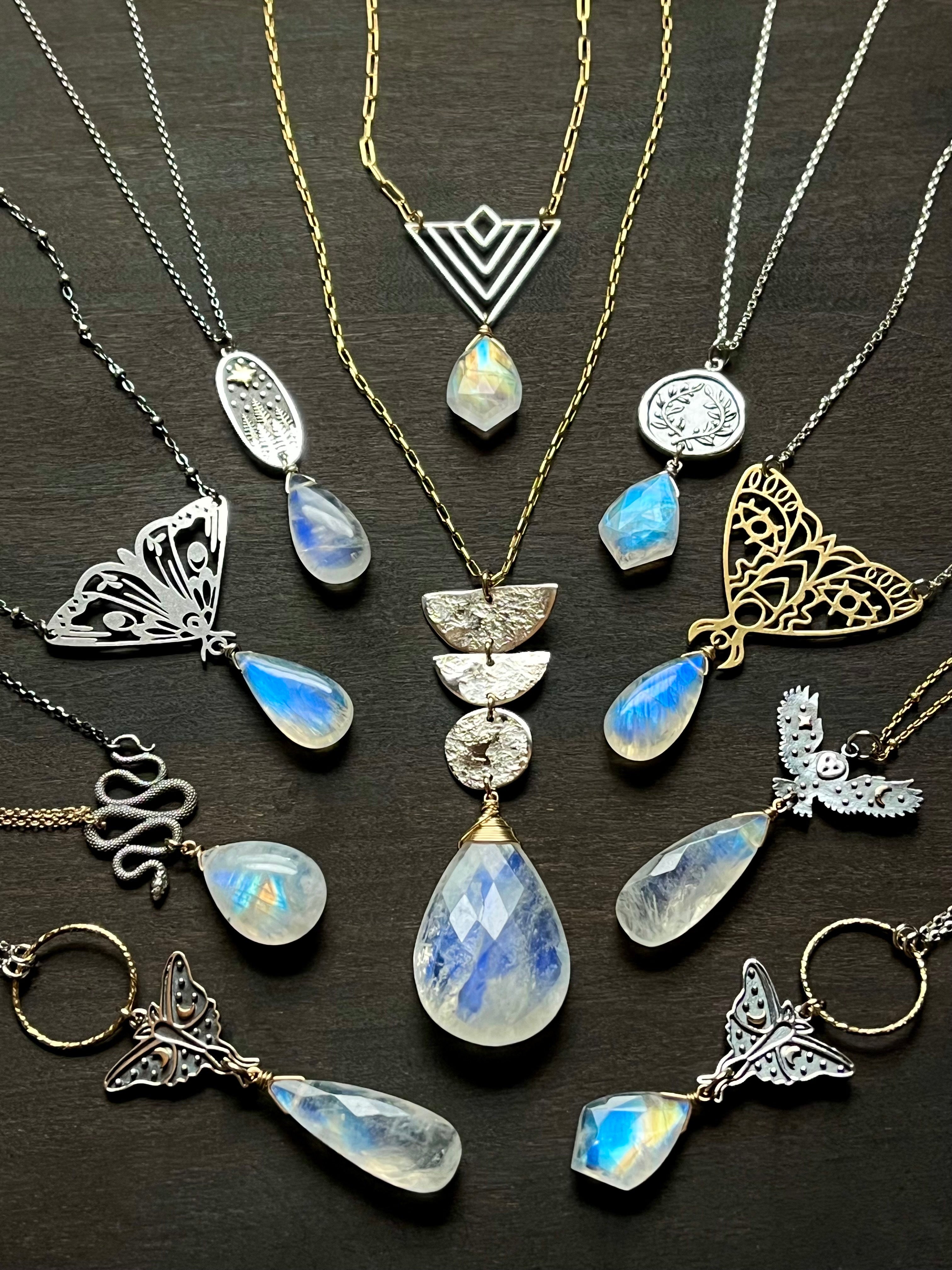 •GUIDE• rainbow moonstone + luna moth + mixed metal necklace (18"-20")