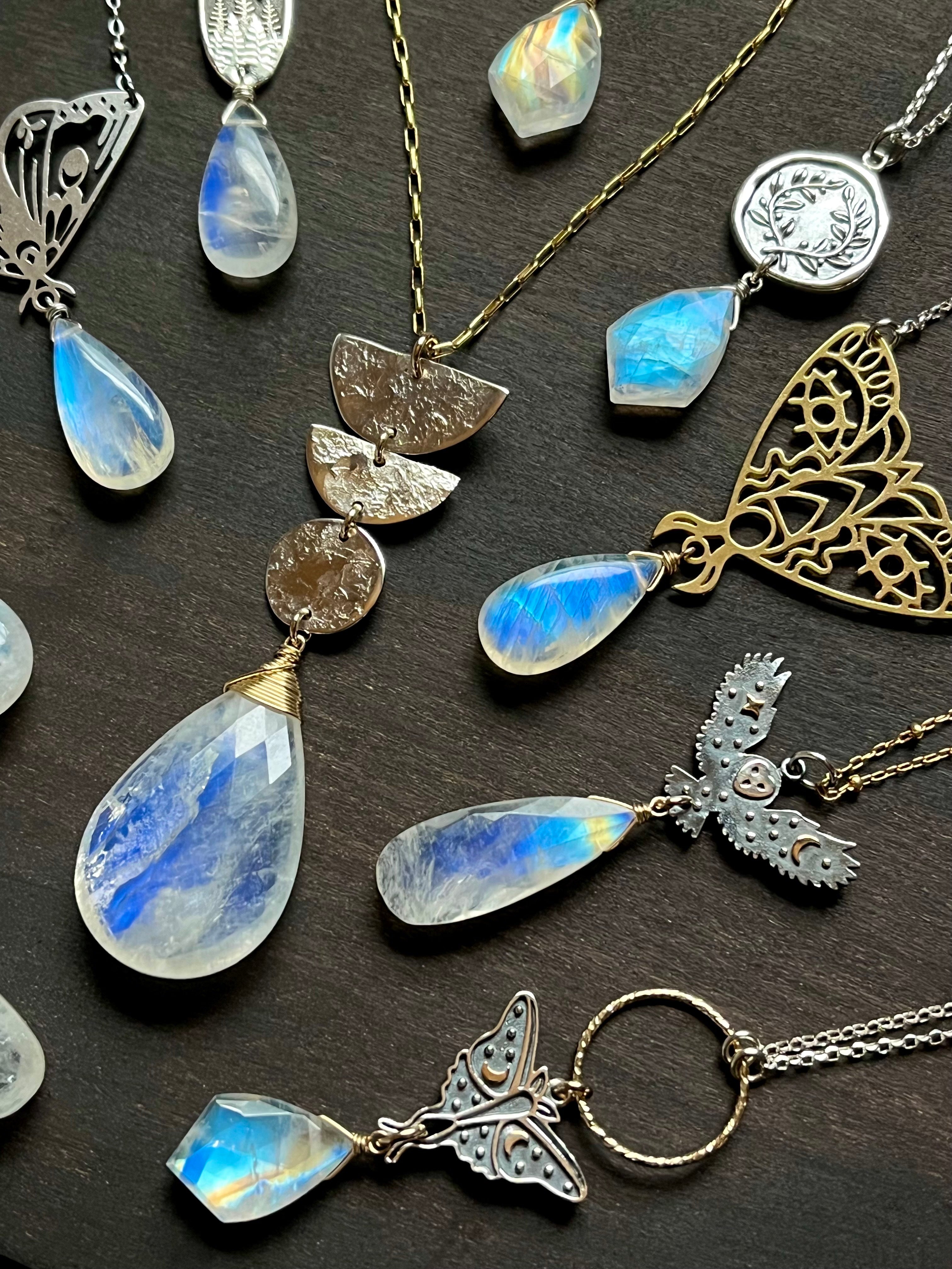 •GUIDE• rainbow moonstone + moth + mixed metal necklace (18"-20")