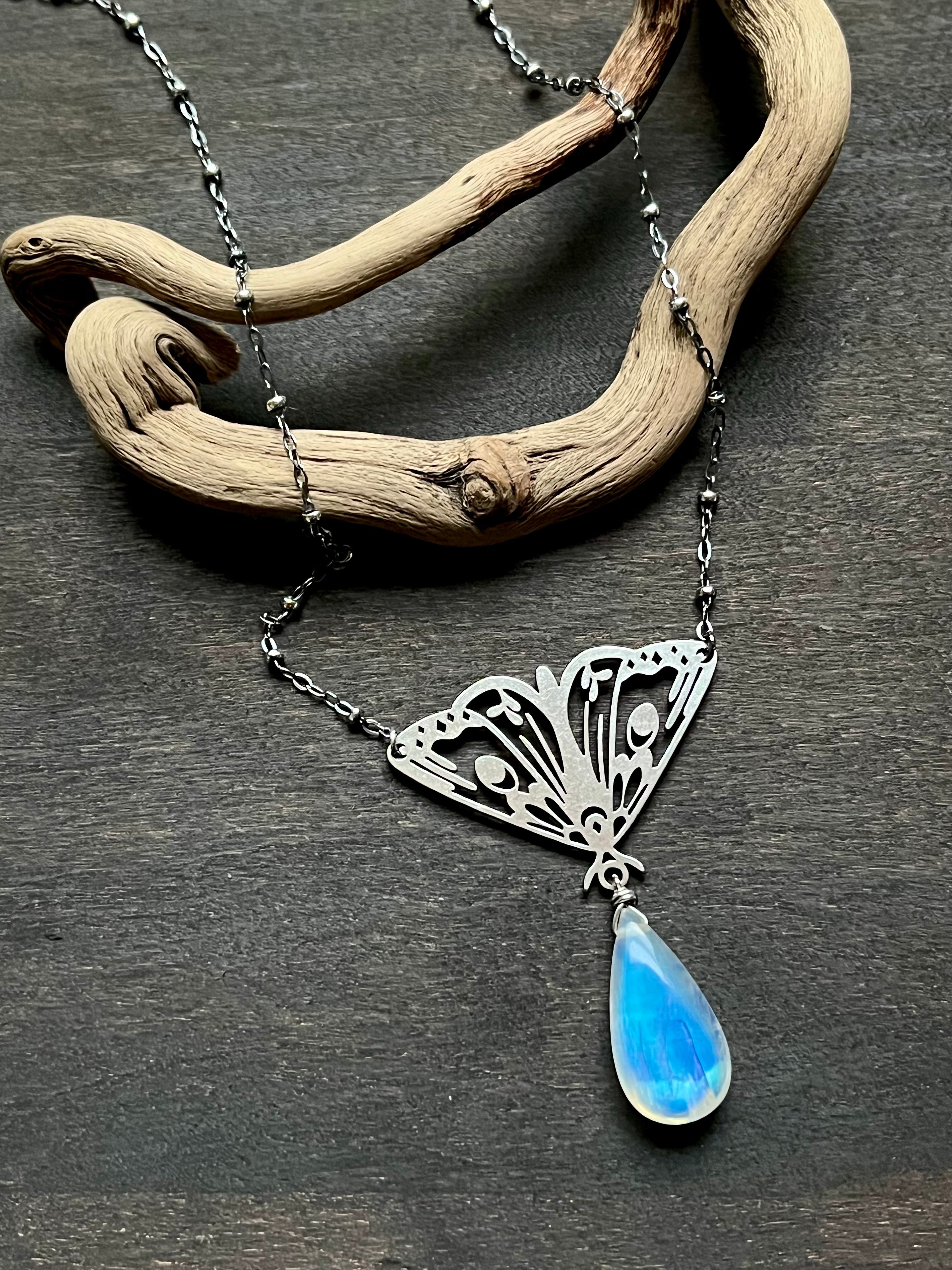 •GUIDE• rainbow moonstone + moth + mixed metal necklace (18"-20")