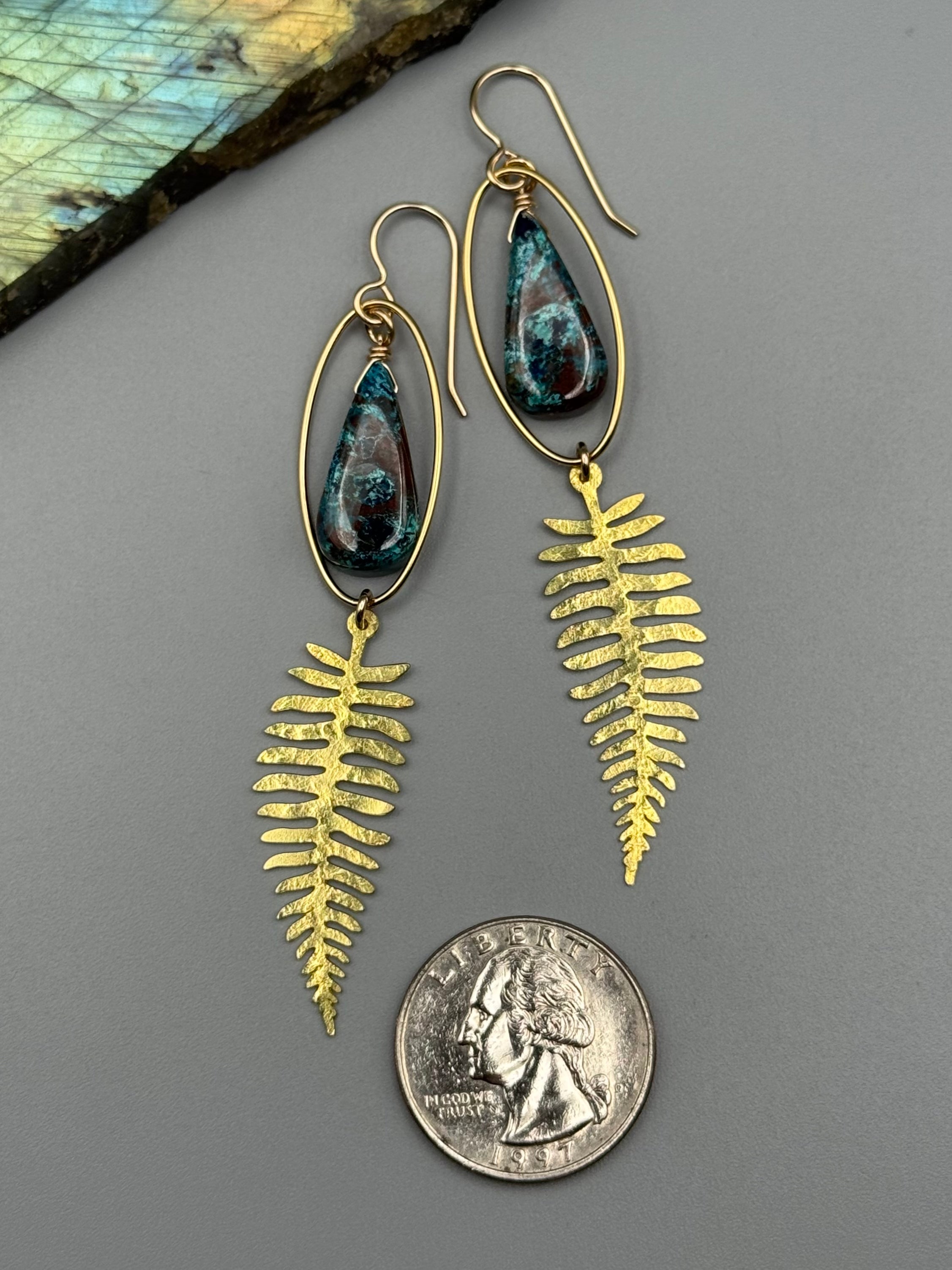 •FERN GULLY• shattuckite tear + gold earrings