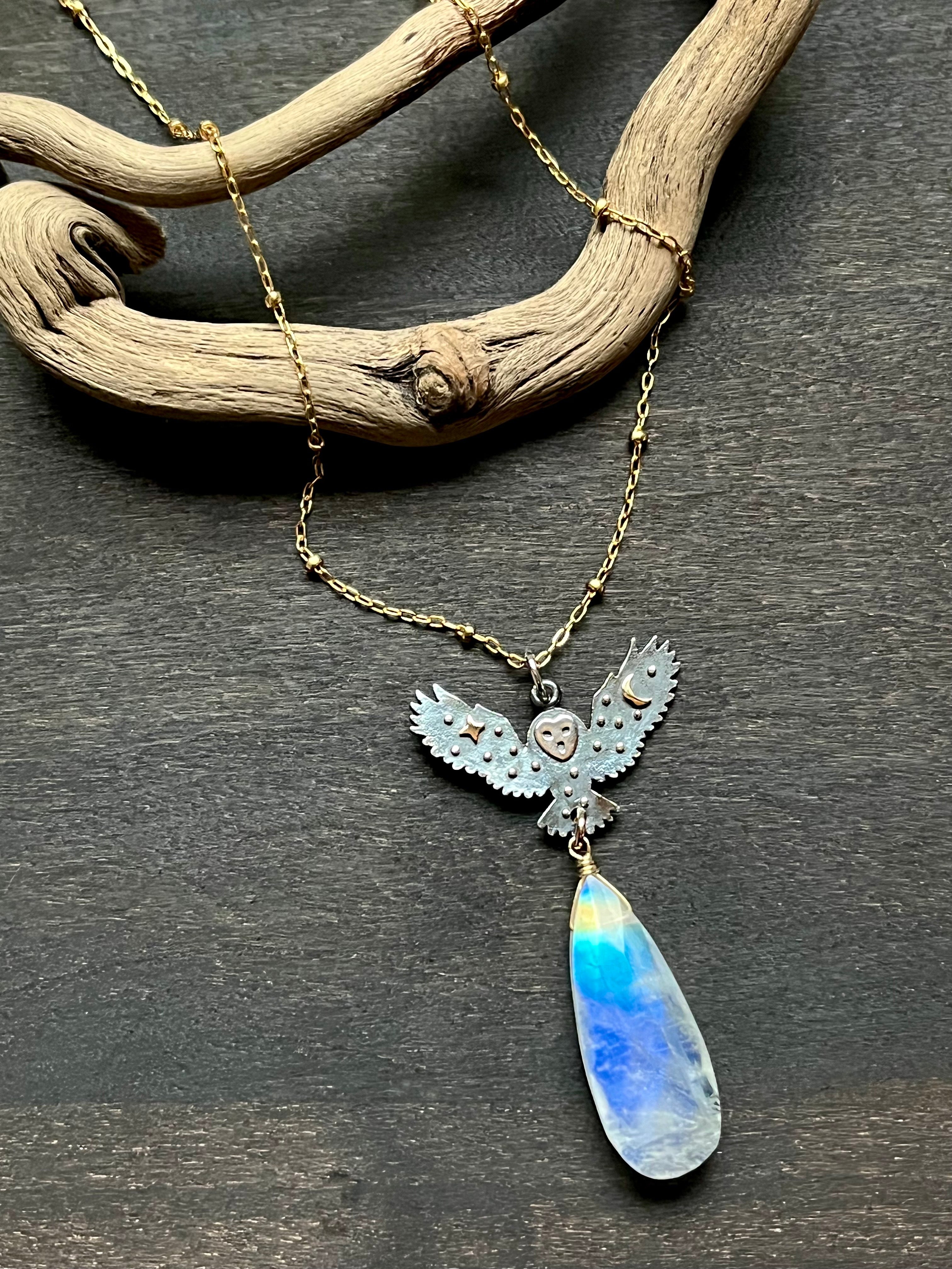 •SUEÑO• rainbow moonstone + cosmic owl + mixed metal necklace (16"-18")