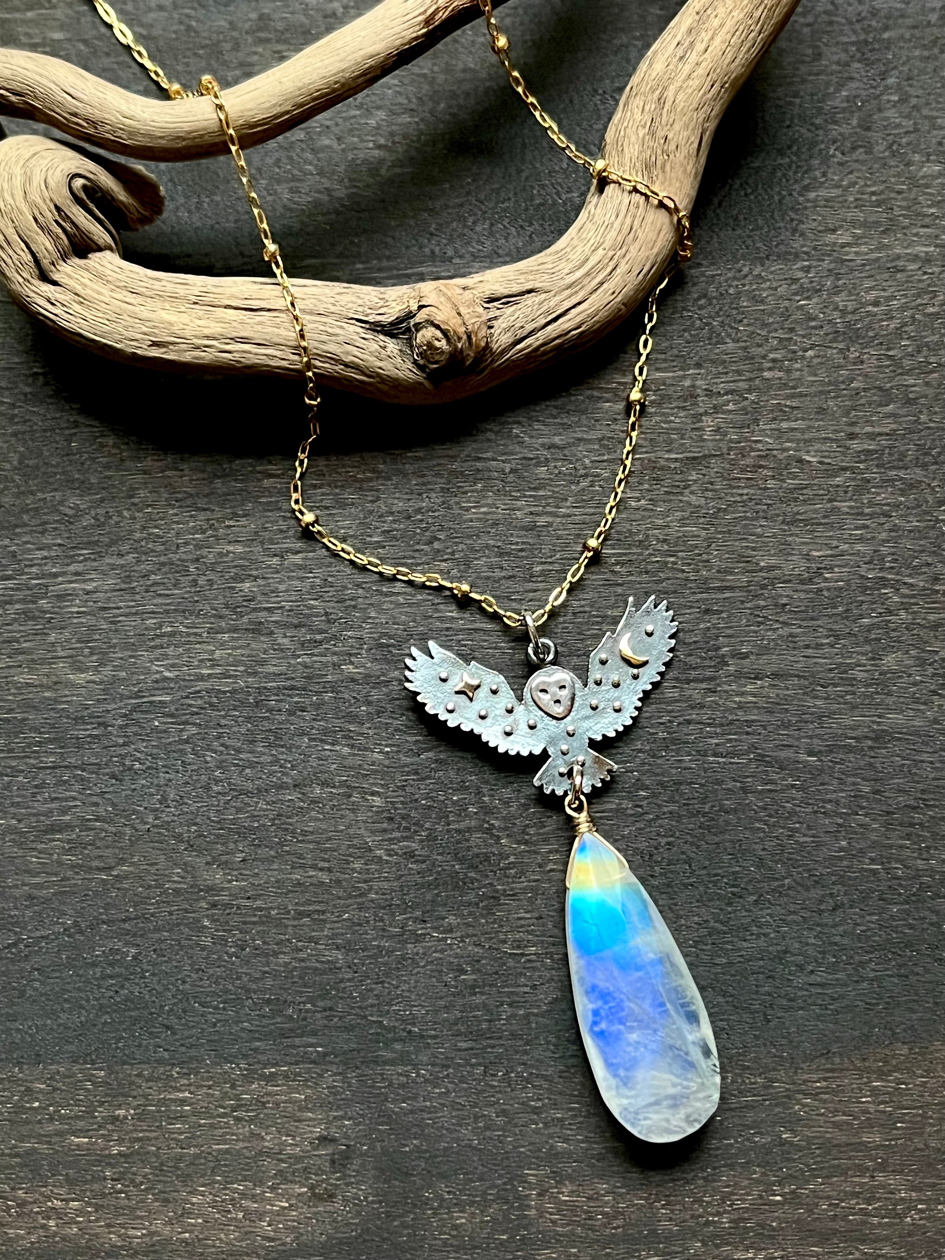 •SUEÑO• rainbow moonstone + cosmic owl + mixed metal necklace (16"-18")