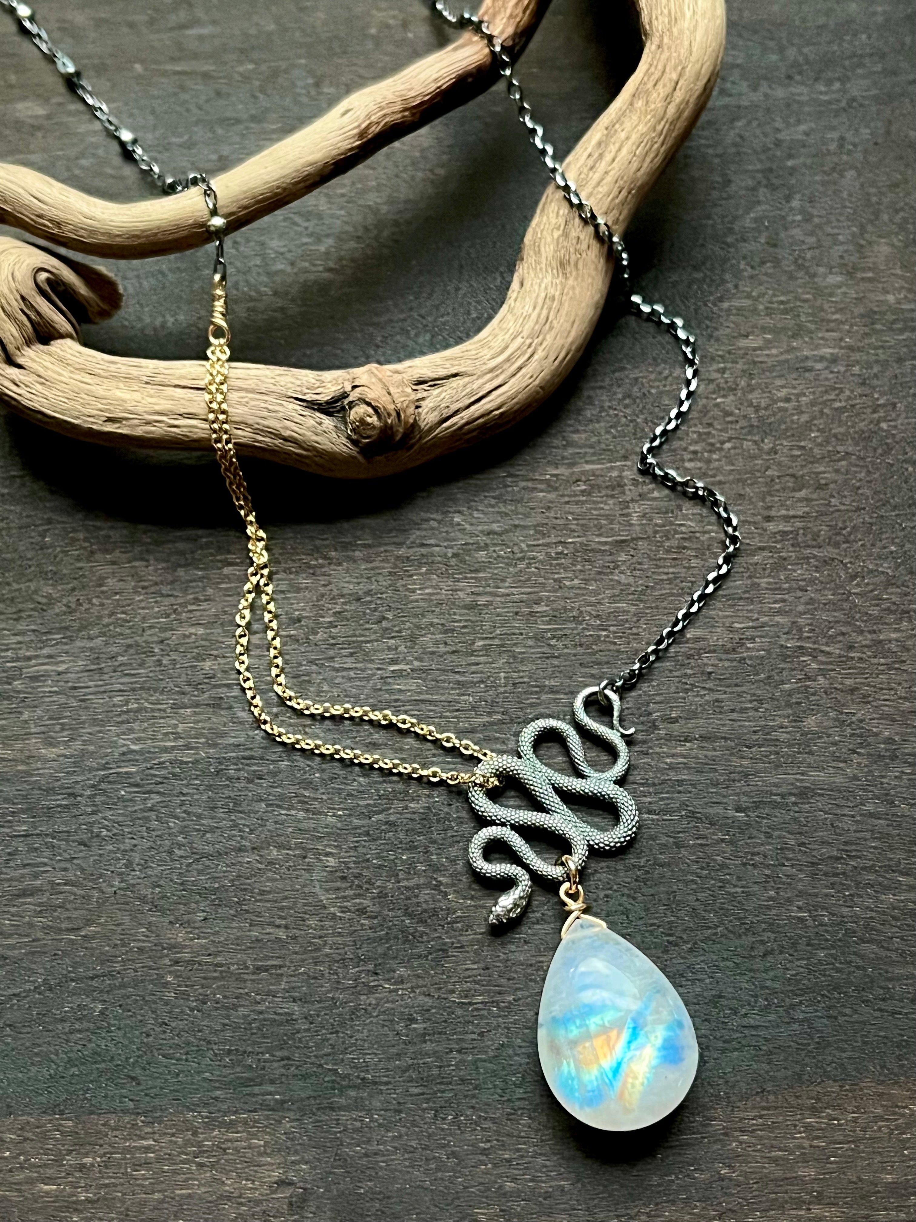 •SUEÑO• rainbow moonstone + snake + mixed metal necklace (18"-20")