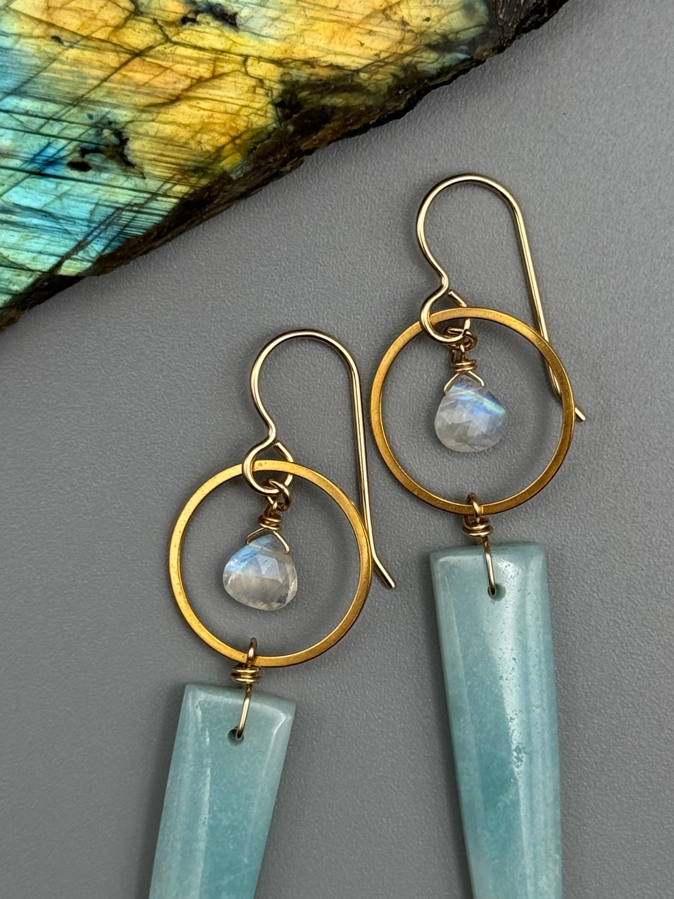 •LUNA• rainbow moonstone + amazonite gold earrings