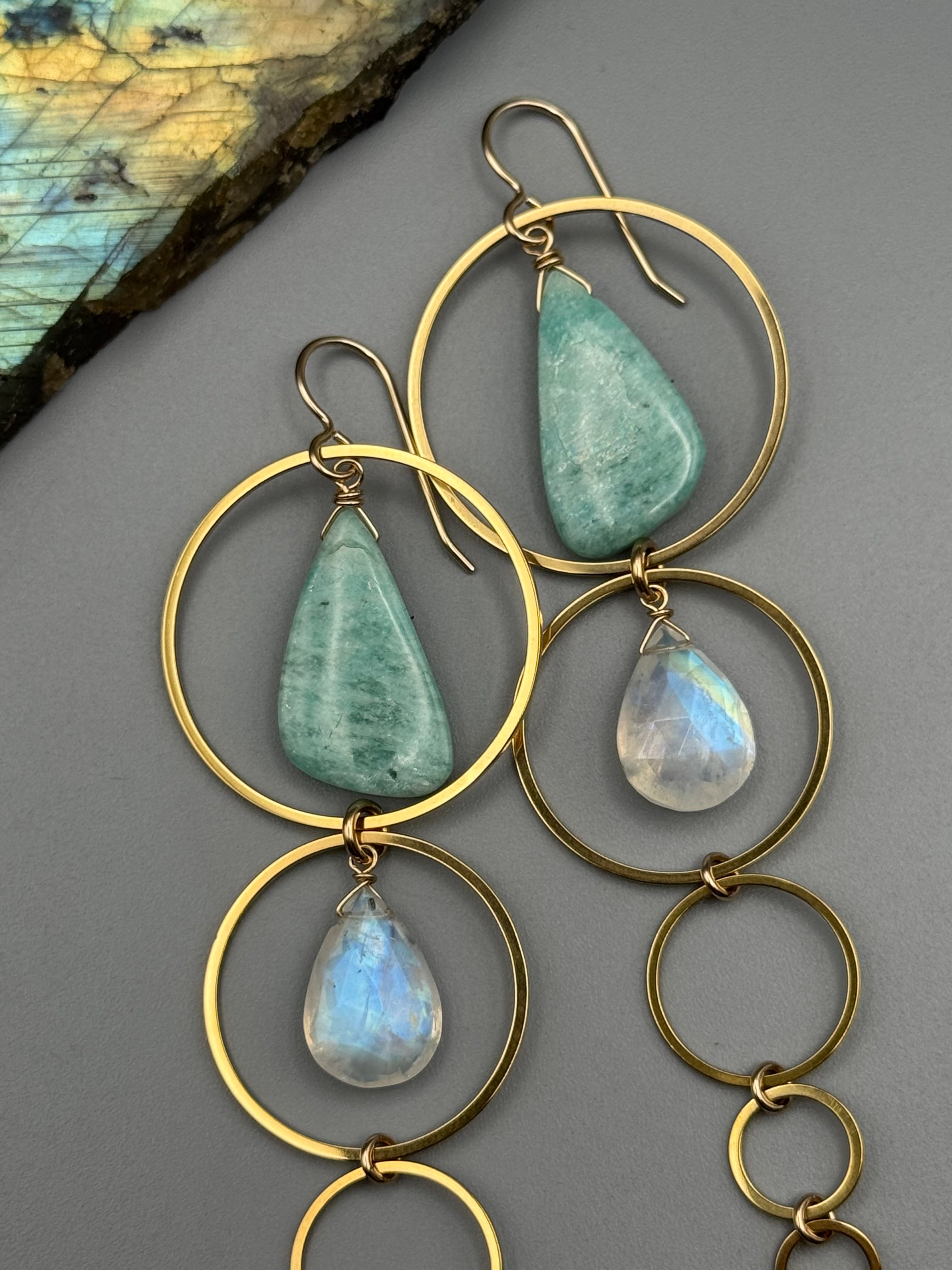 •10 OF CUPS• amazonite + rainbow moonstone gold earrings