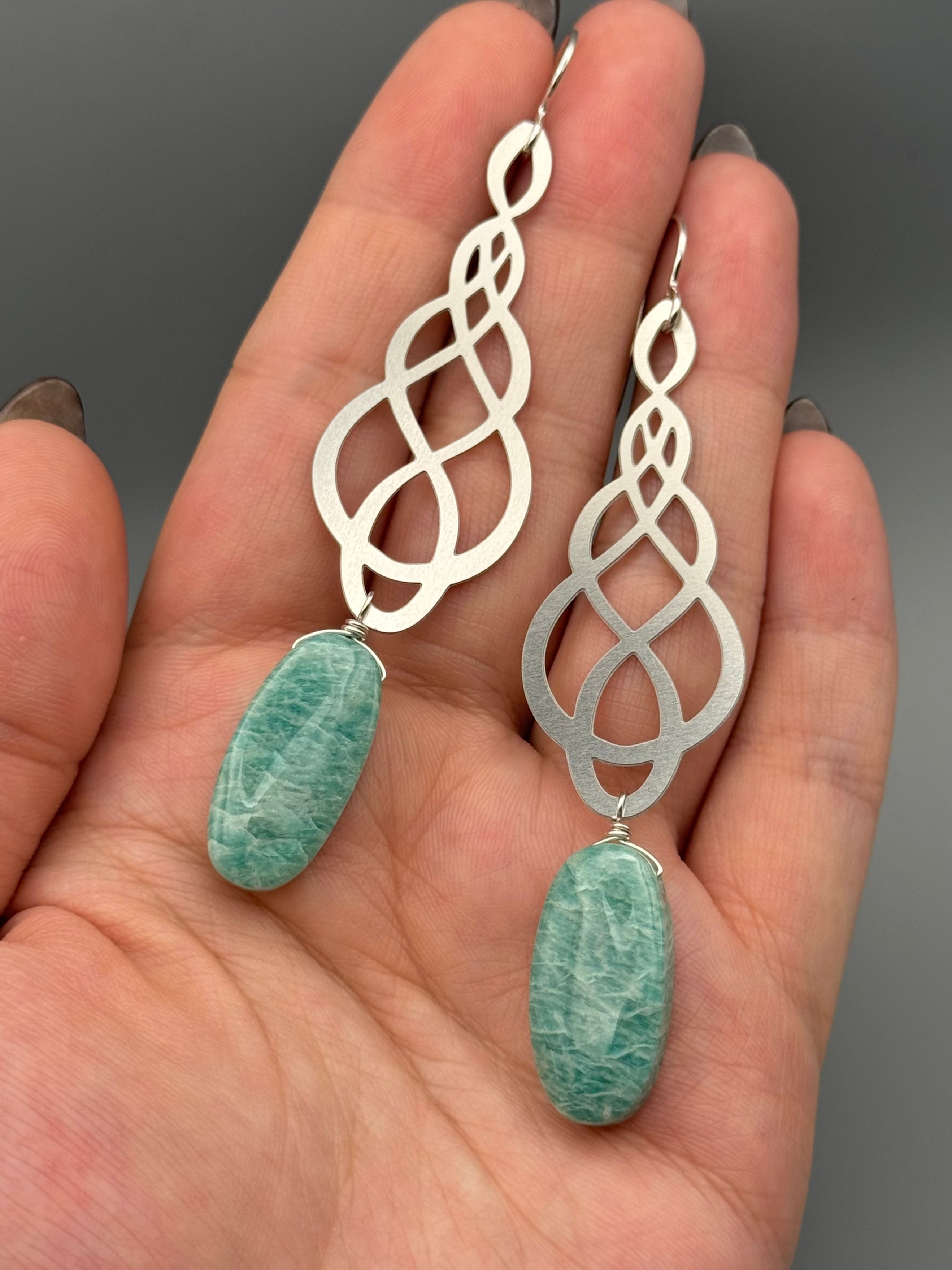 •LOVE KNOT• amazonite oval + silver earrings