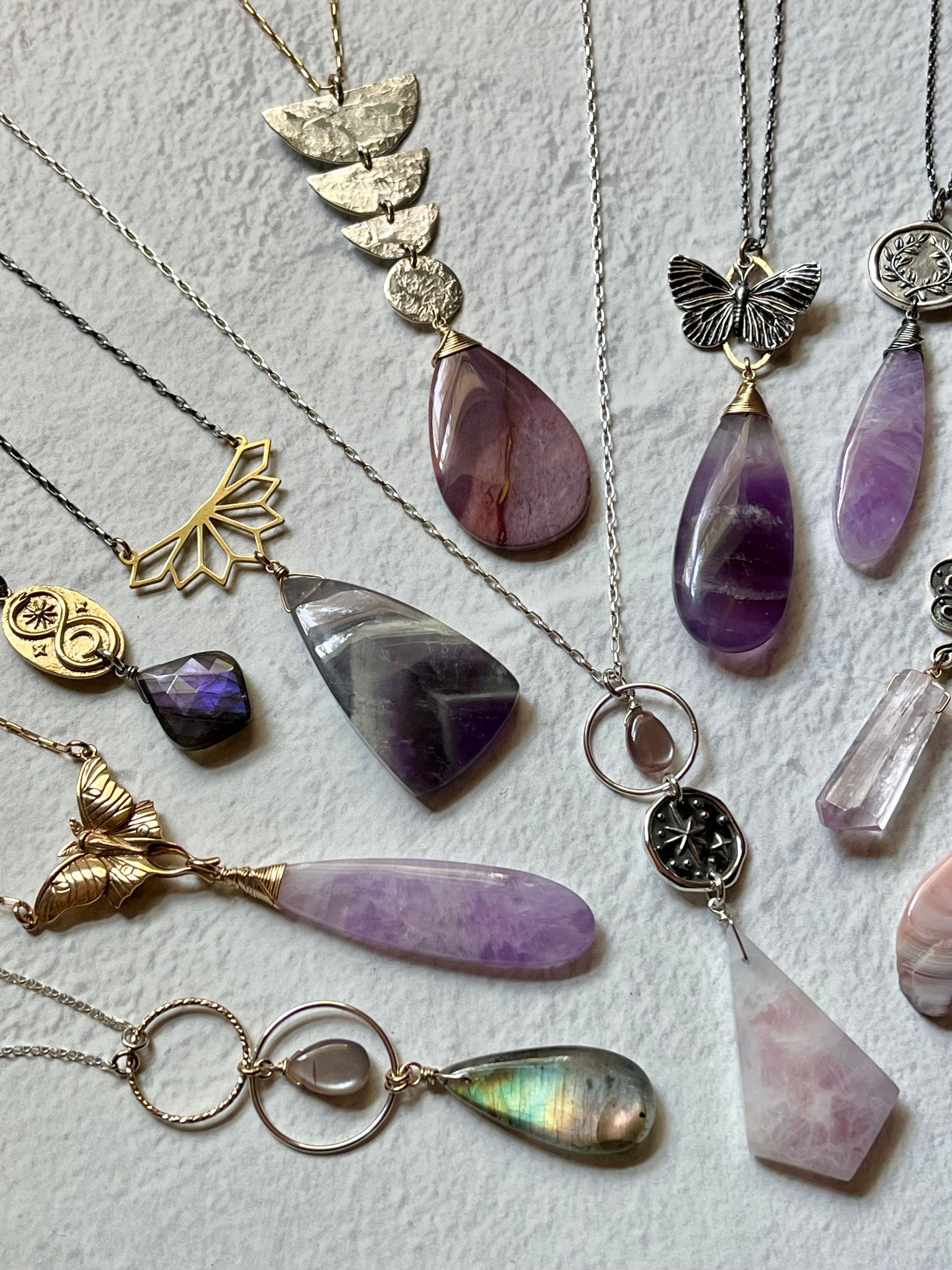 •GUIDE• pink amethyst + luna moth + mixed metal necklace (18"-20")