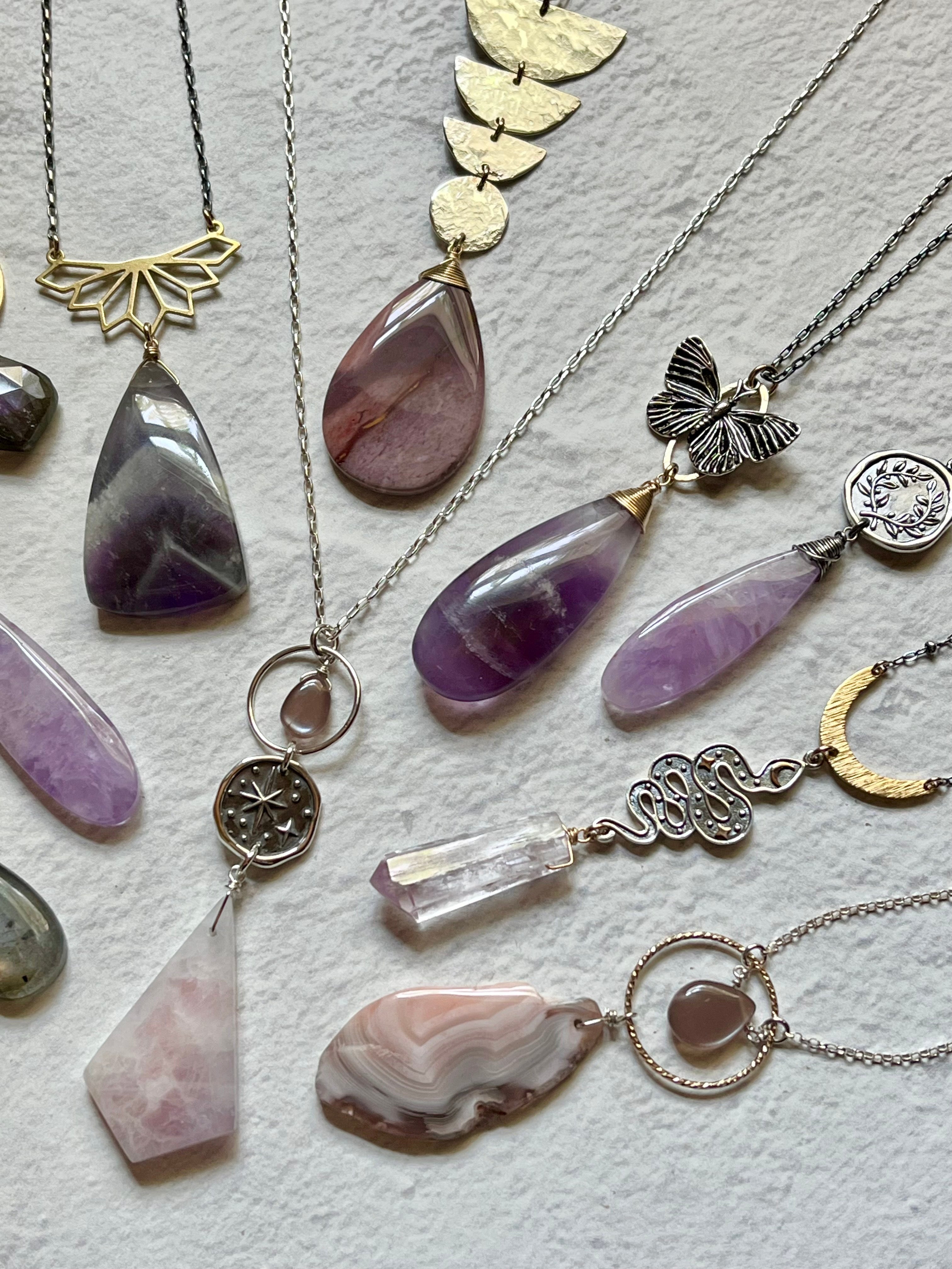 •TEND• pink amethyst + laurel leaf coin + oxidized sterling silver necklace (18"-20")