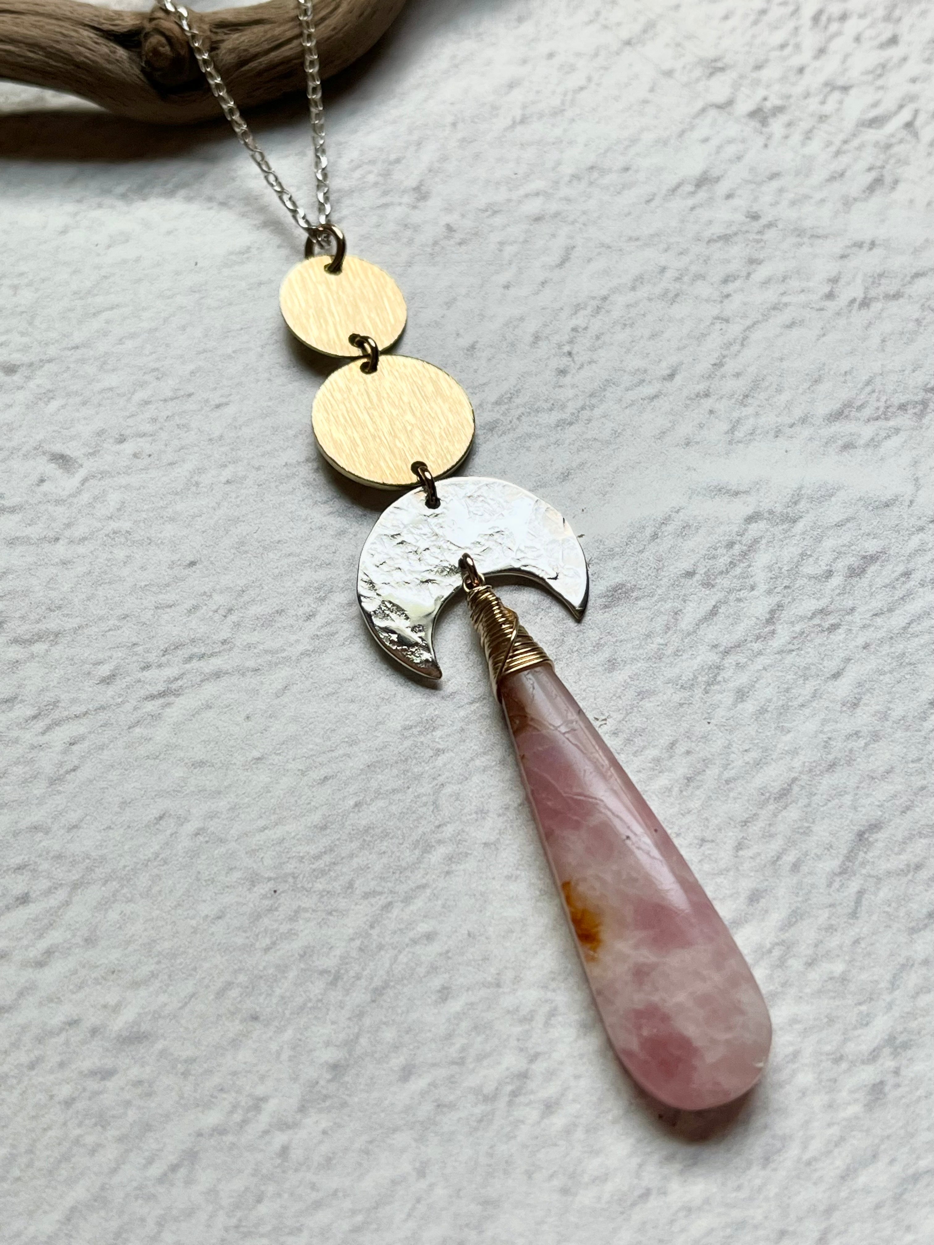 •NYX• pink opal + moon stack + mixed metal necklace (26"-28")