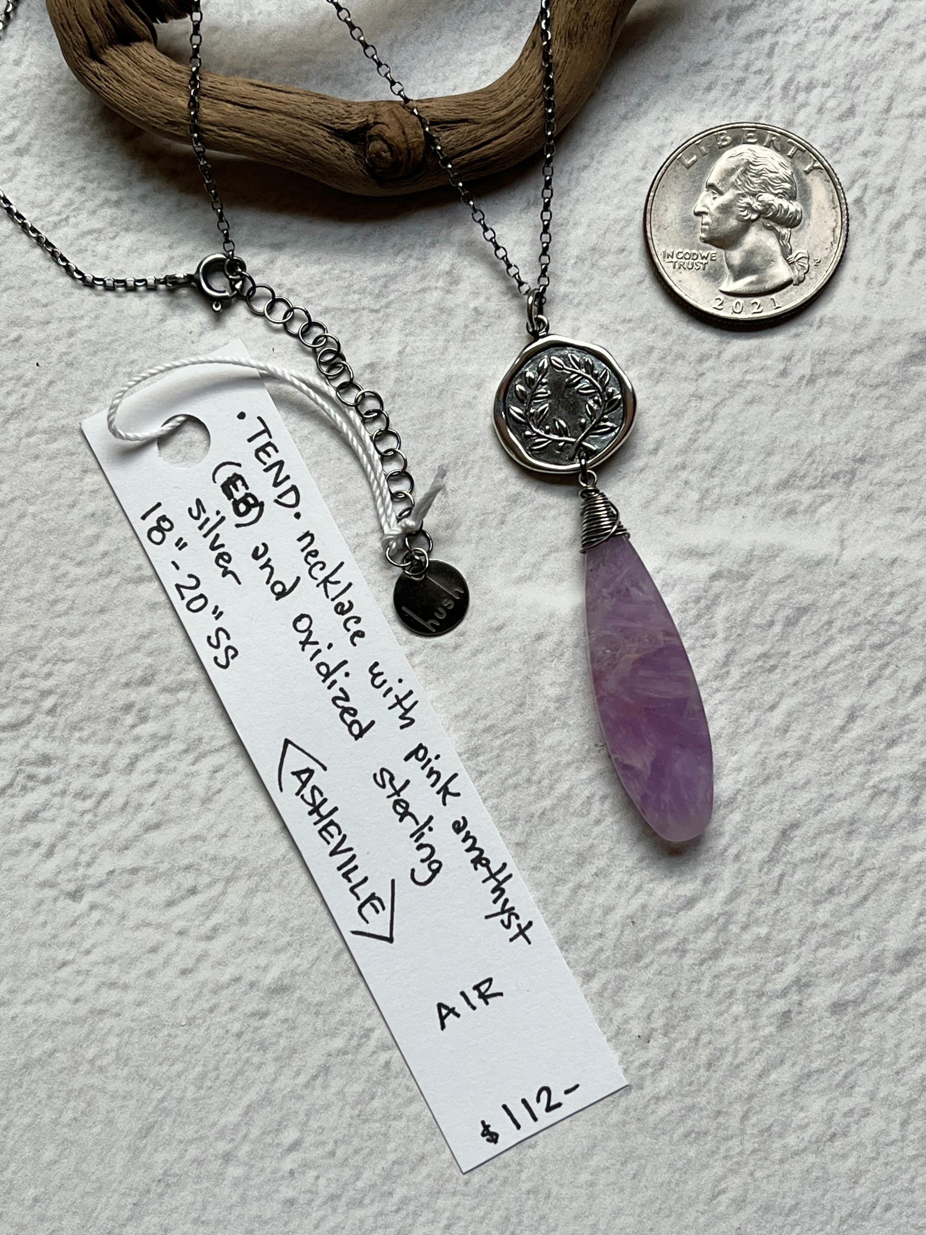 •TEND• pink amethyst + laurel leaf coin + oxidized sterling silver necklace (18"-20")