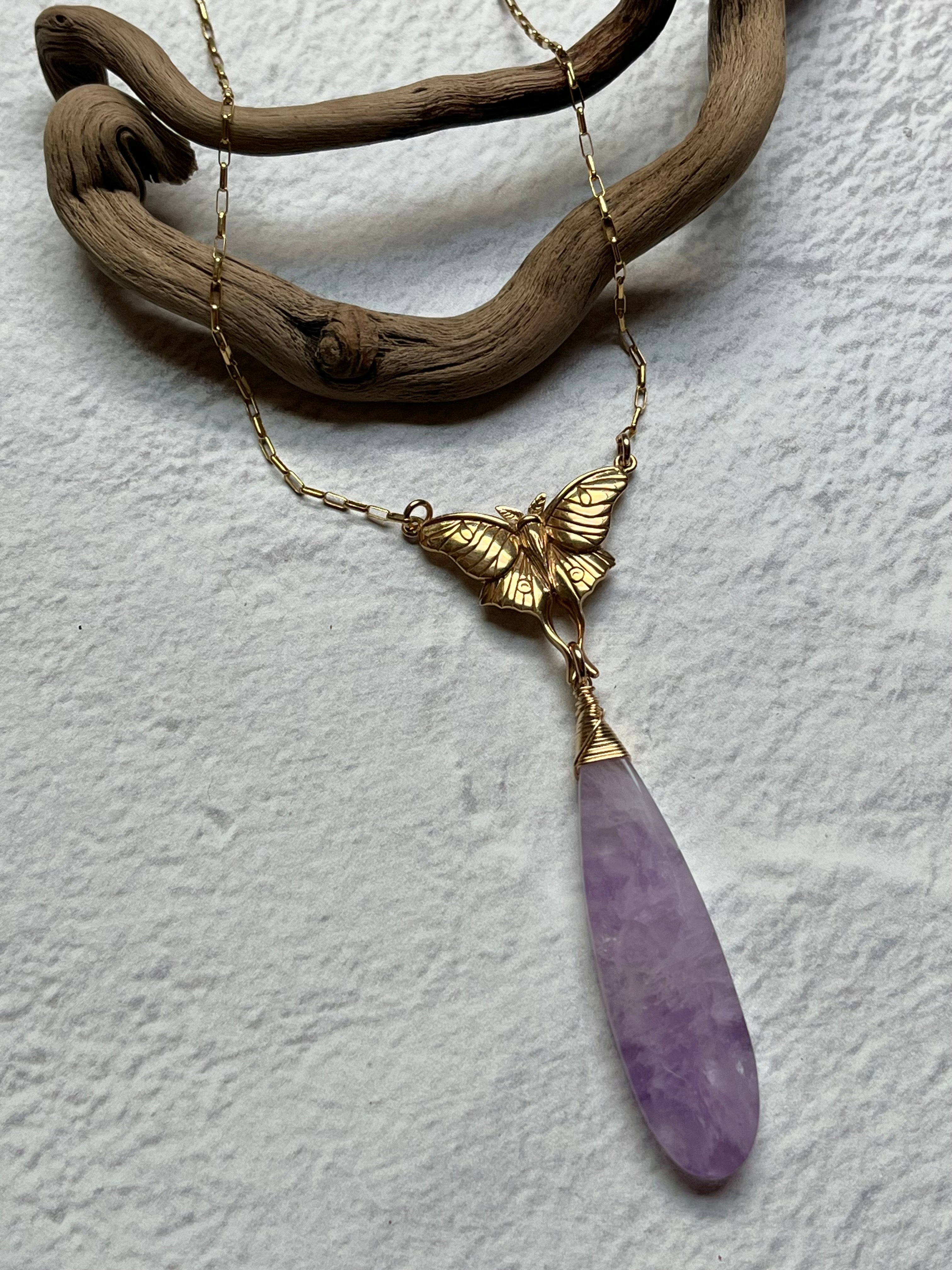 •GUIDE• pink amethyst + luna moth + mixed metal necklace (18"-20")