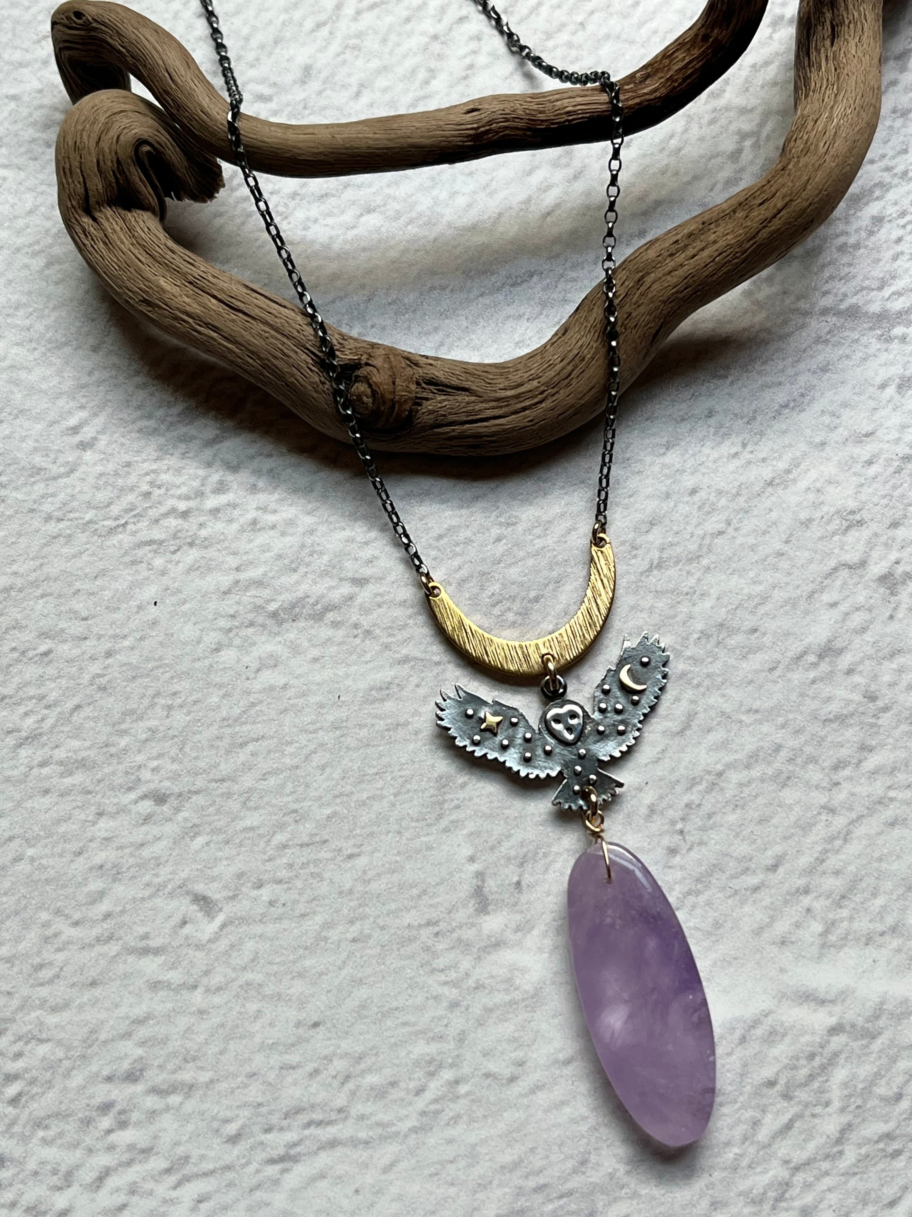 •SUEÑO• pink amethyst + cosmic owl + mixed metal necklace (18"-20")