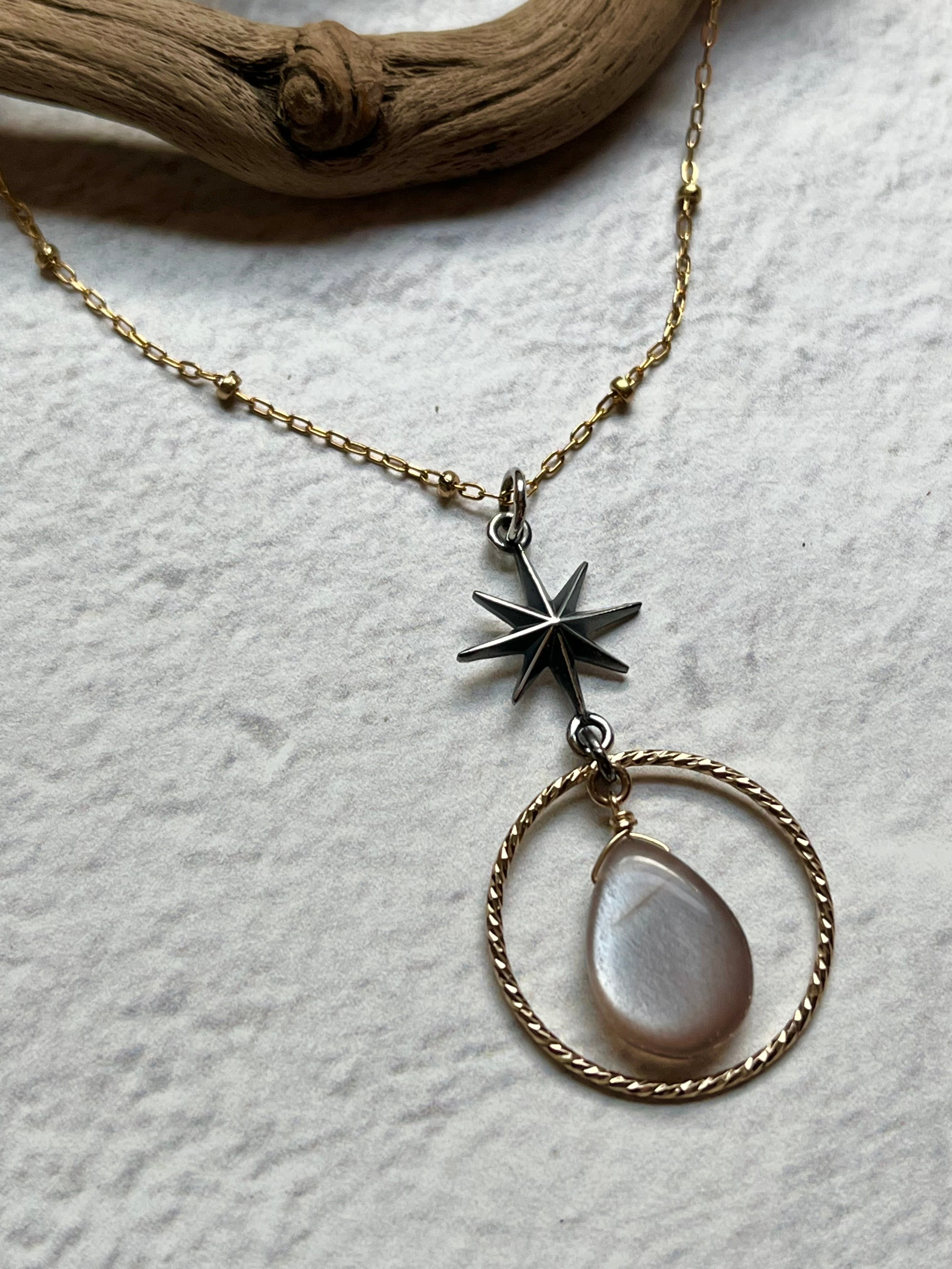 •NYX• peach moonstone + north star + mixed metal necklace (18"-20")