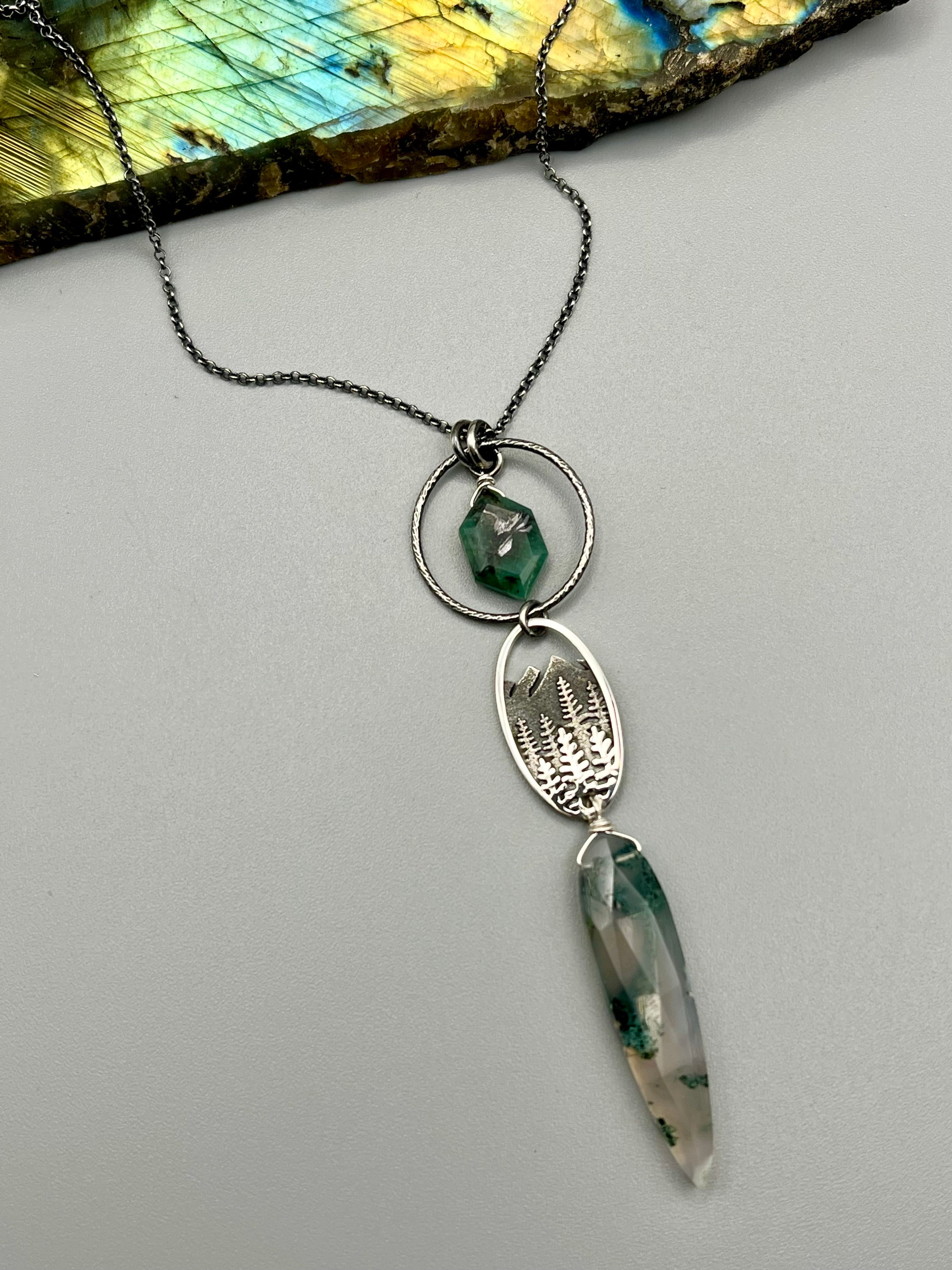 •COVE• emerald + moss agate silver necklace (18"-20" long)