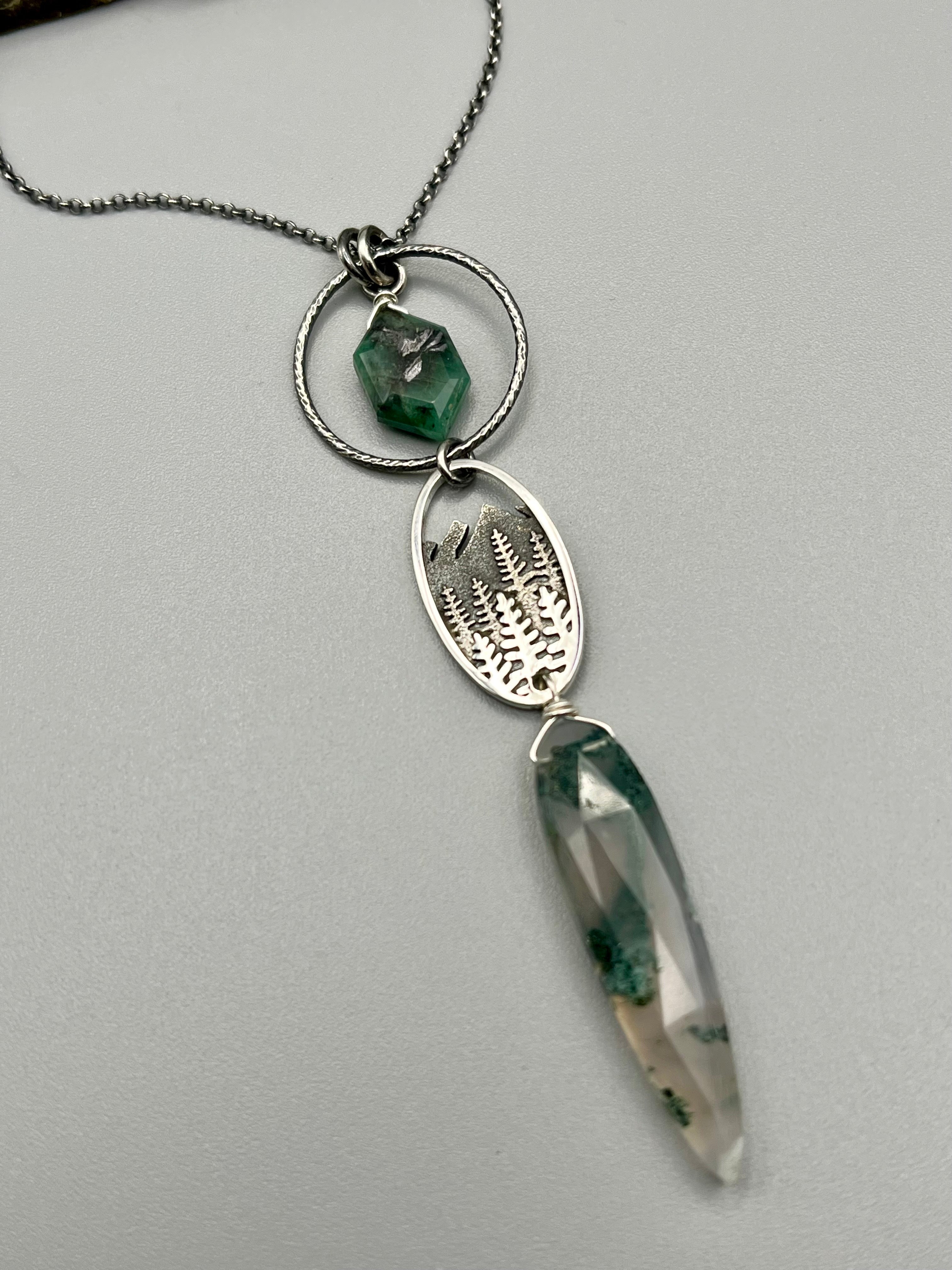 •COVE• emerald + moss agate silver necklace (18"-20" long)