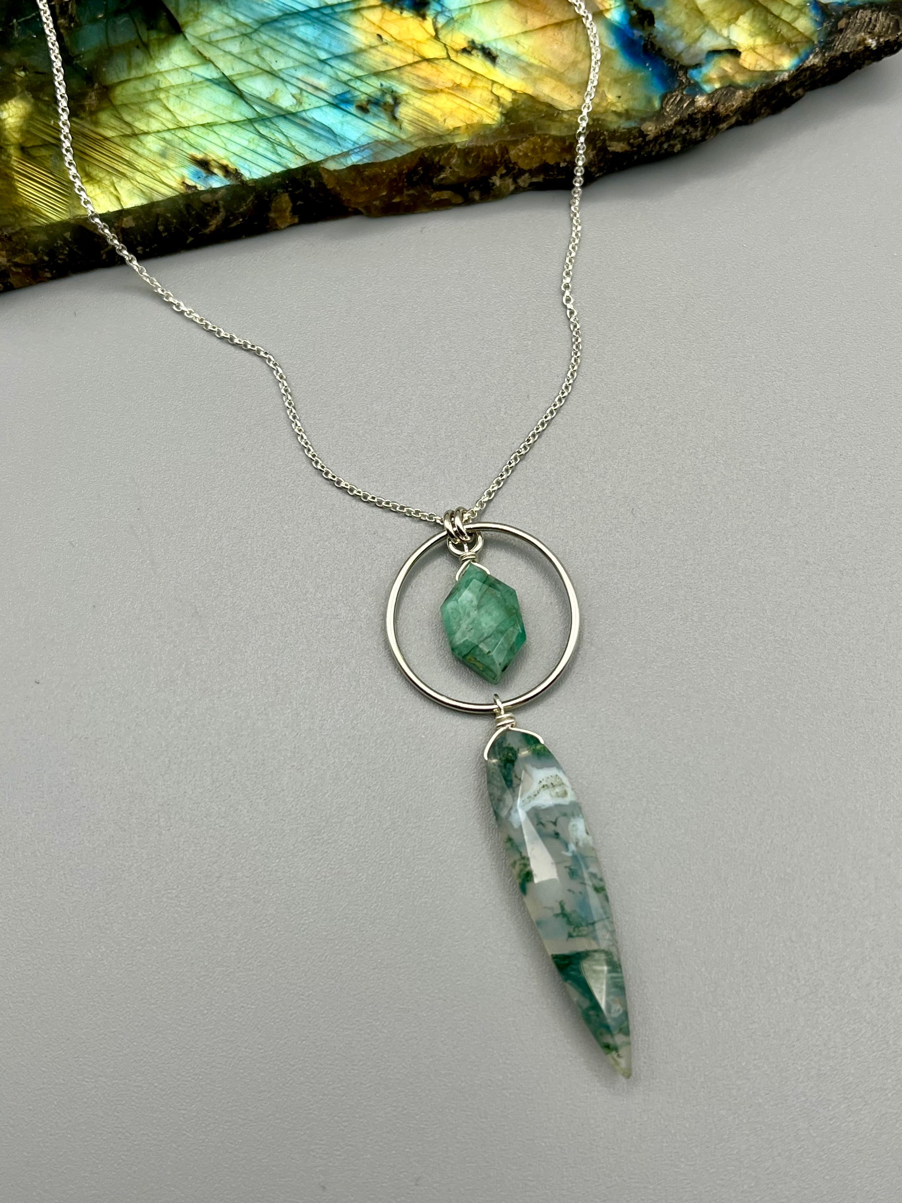 •LUNA• emerald + moss agate silver necklace (18"-20" long)