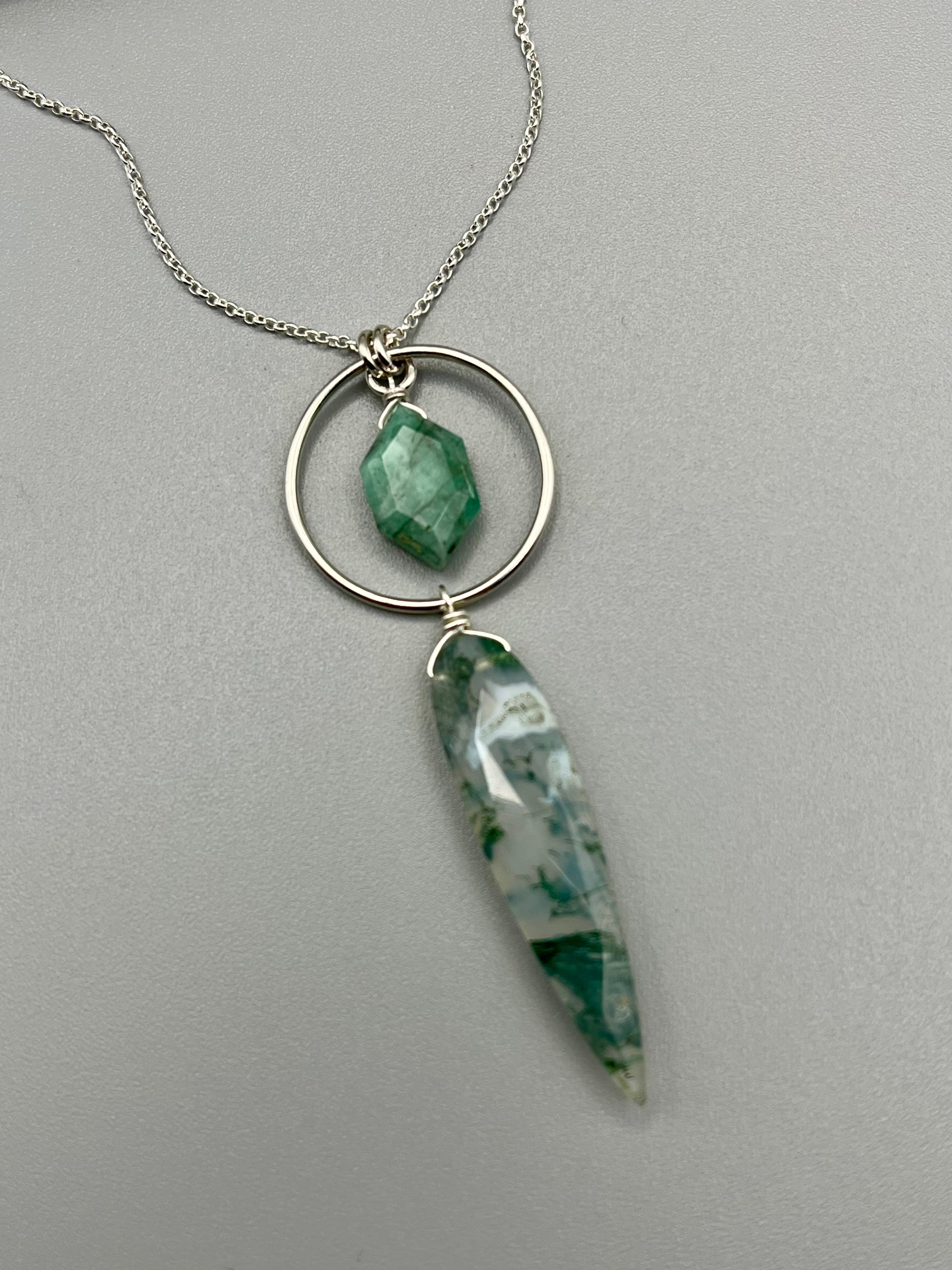 •LUNA• emerald + moss agate silver necklace (18"-20" long)