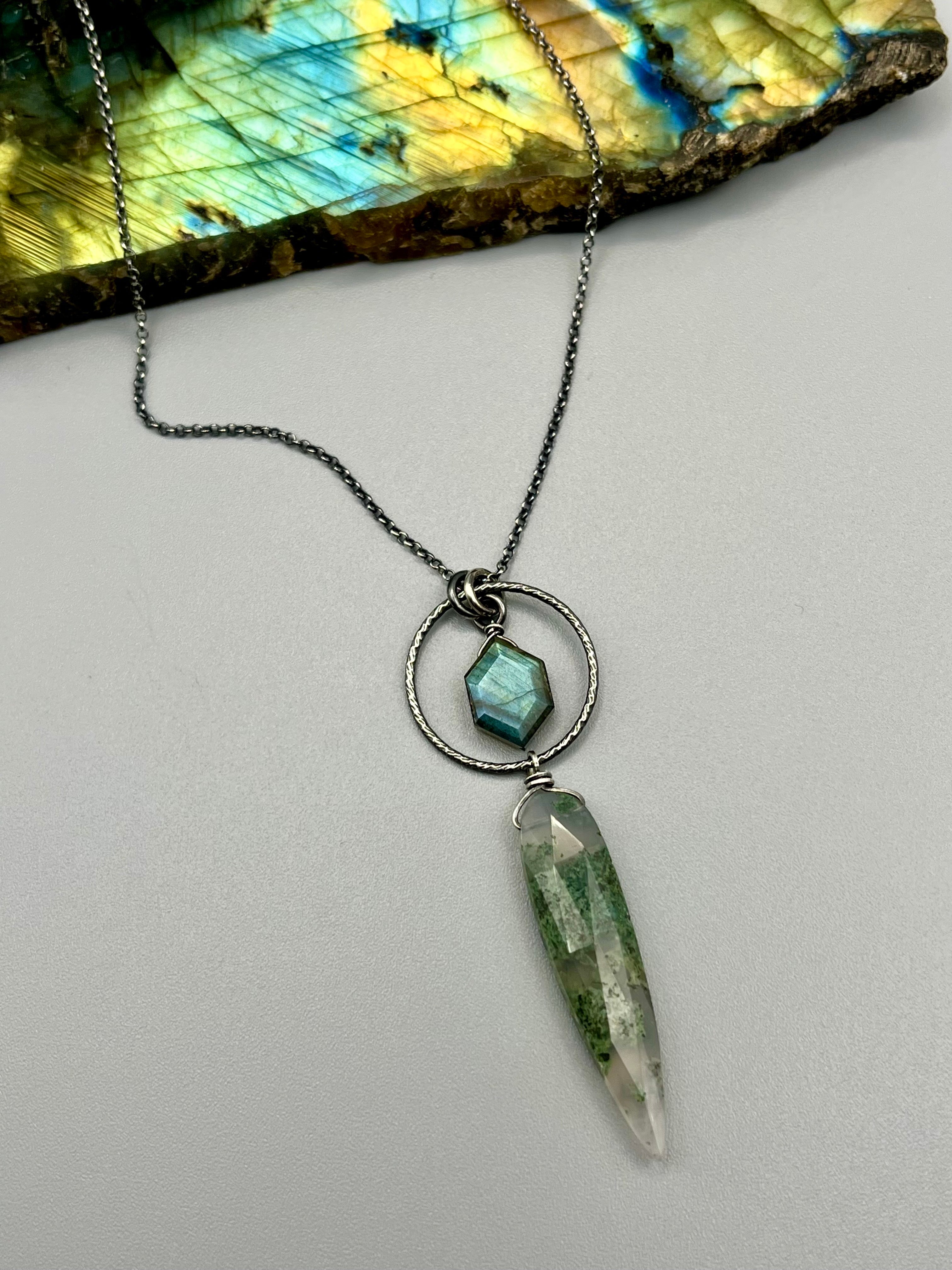 •LUNA• labradorite + moss agate oxidized silver necklace (18"-20" long)