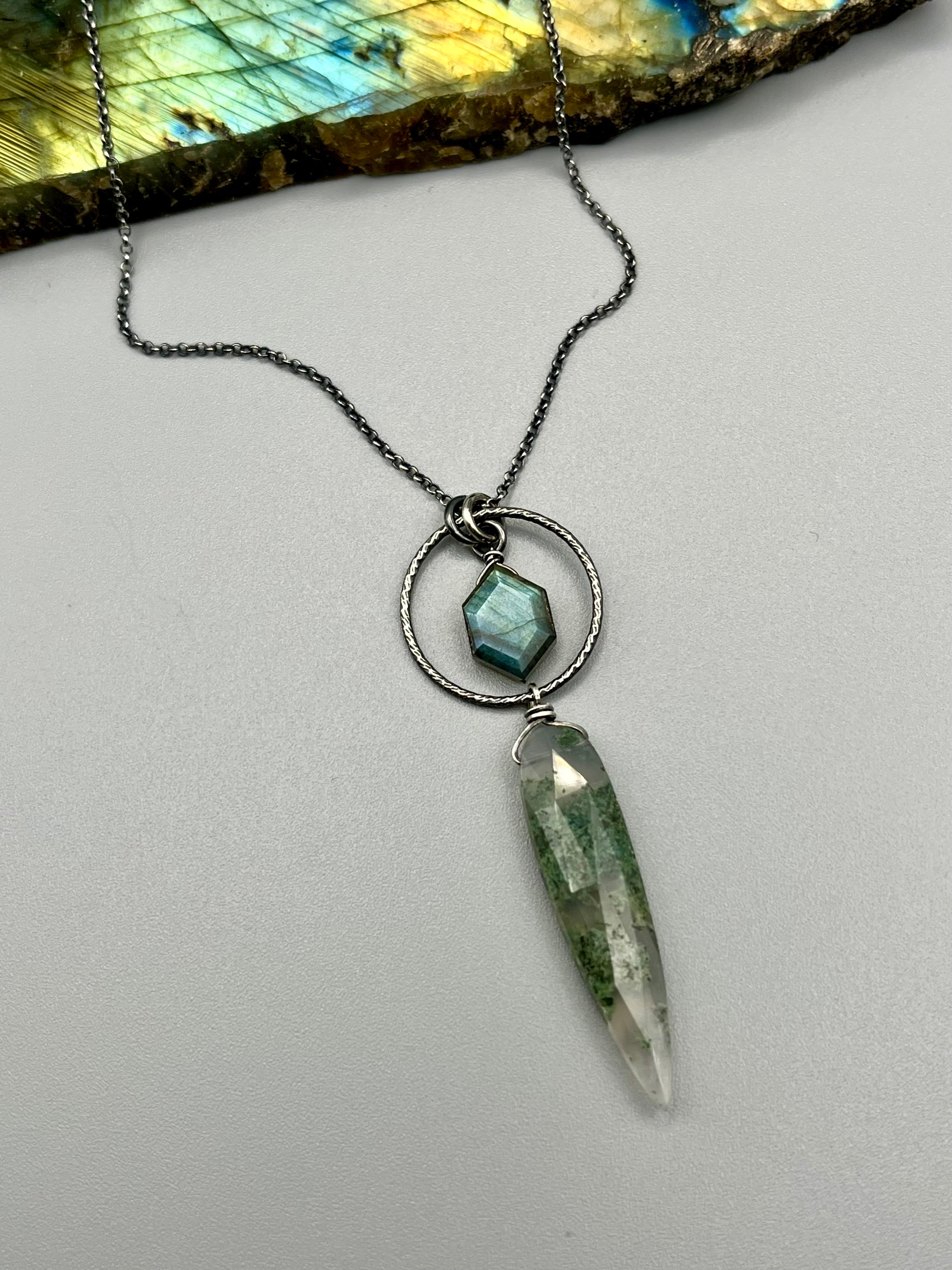 •LUNA• labradorite + moss agate oxidized silver necklace (18"-20" long)