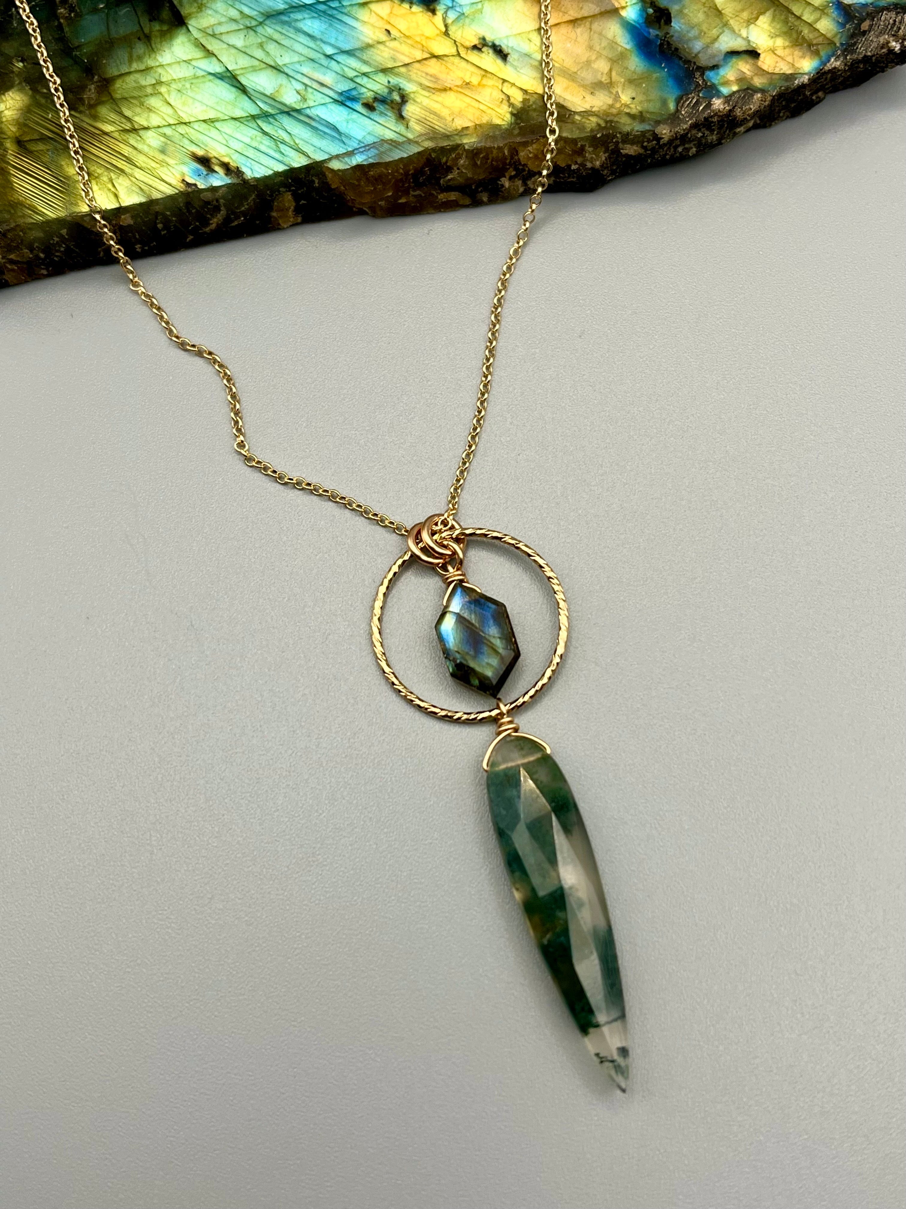 •LUNA• labradorite + moss agate gold necklace (18"-20" long)