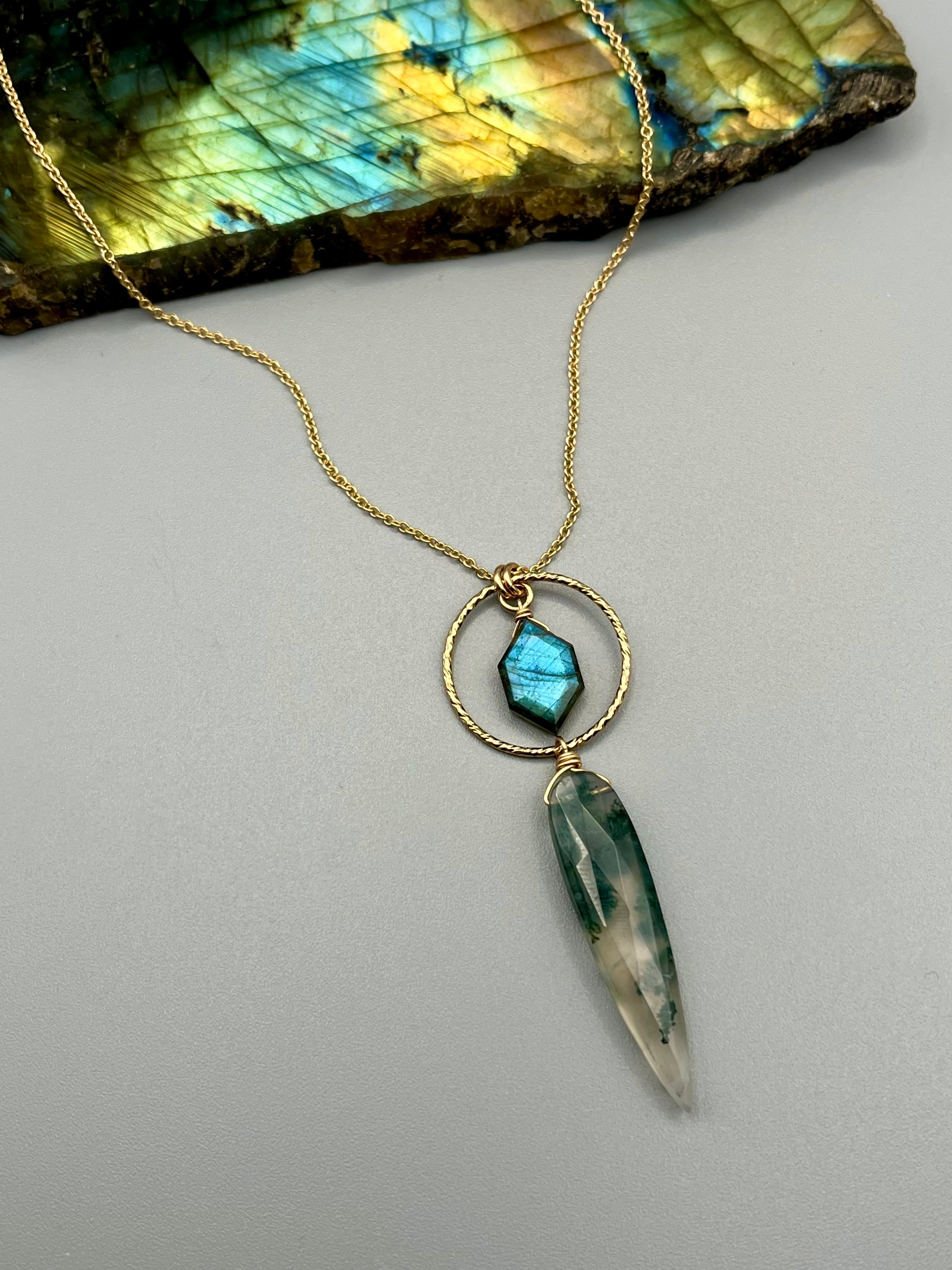 •LUNA• labradorite + moss agate gold necklace (16"-18" long)