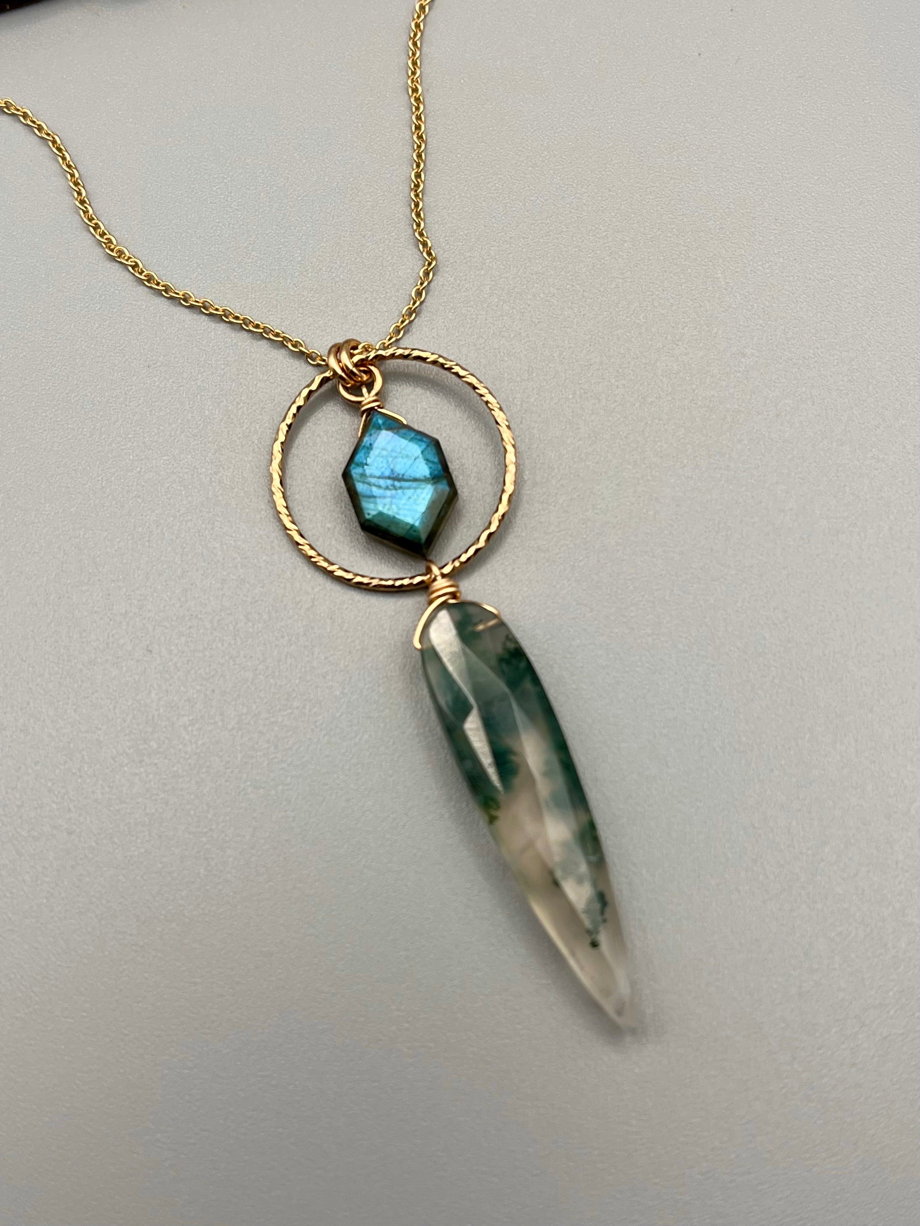 •LUNA• labradorite + moss agate gold necklace (16"-18" long)